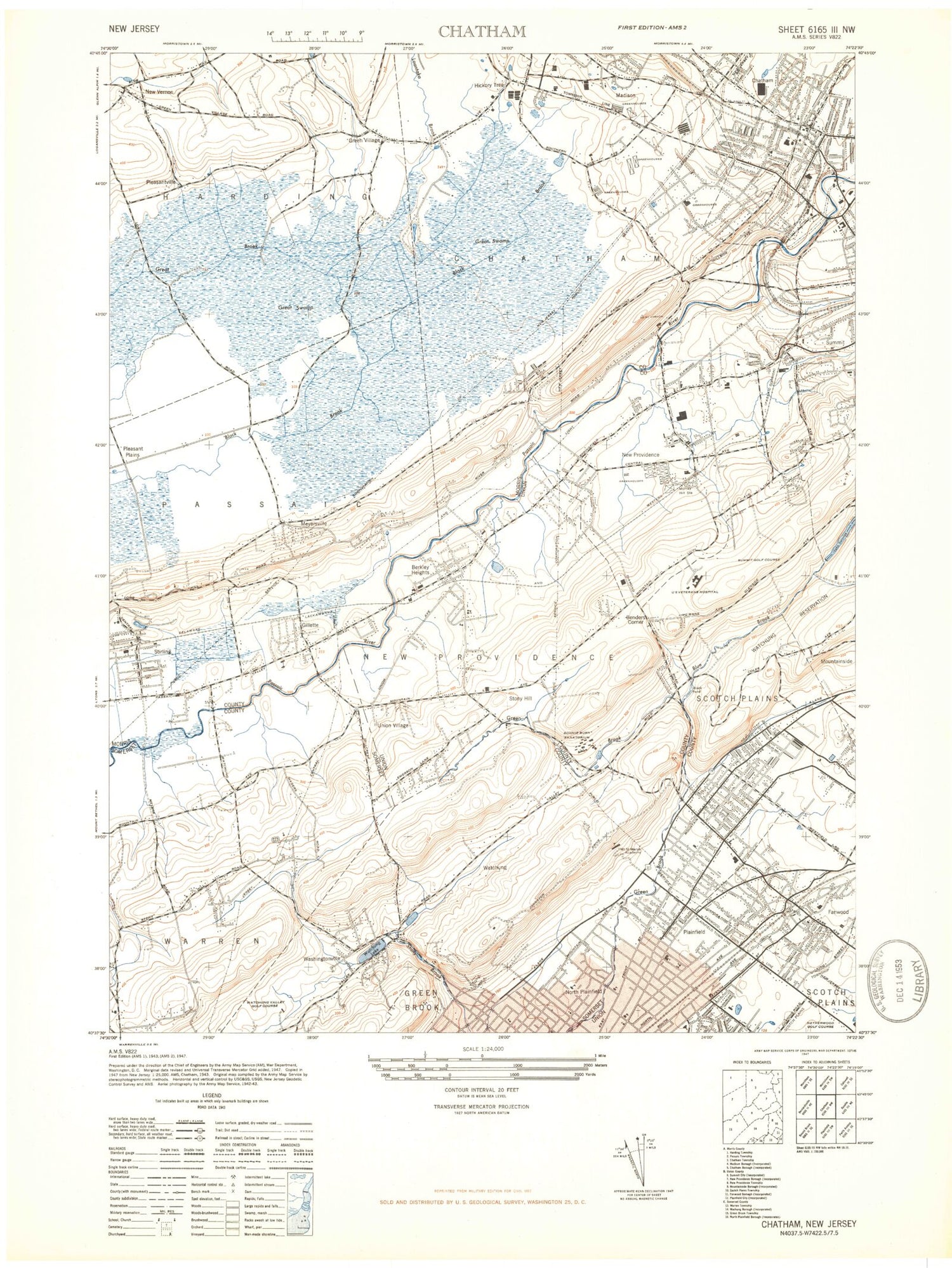 Classic USGS Chatham New Jersey 7.5'x7.5' Topo Map Image