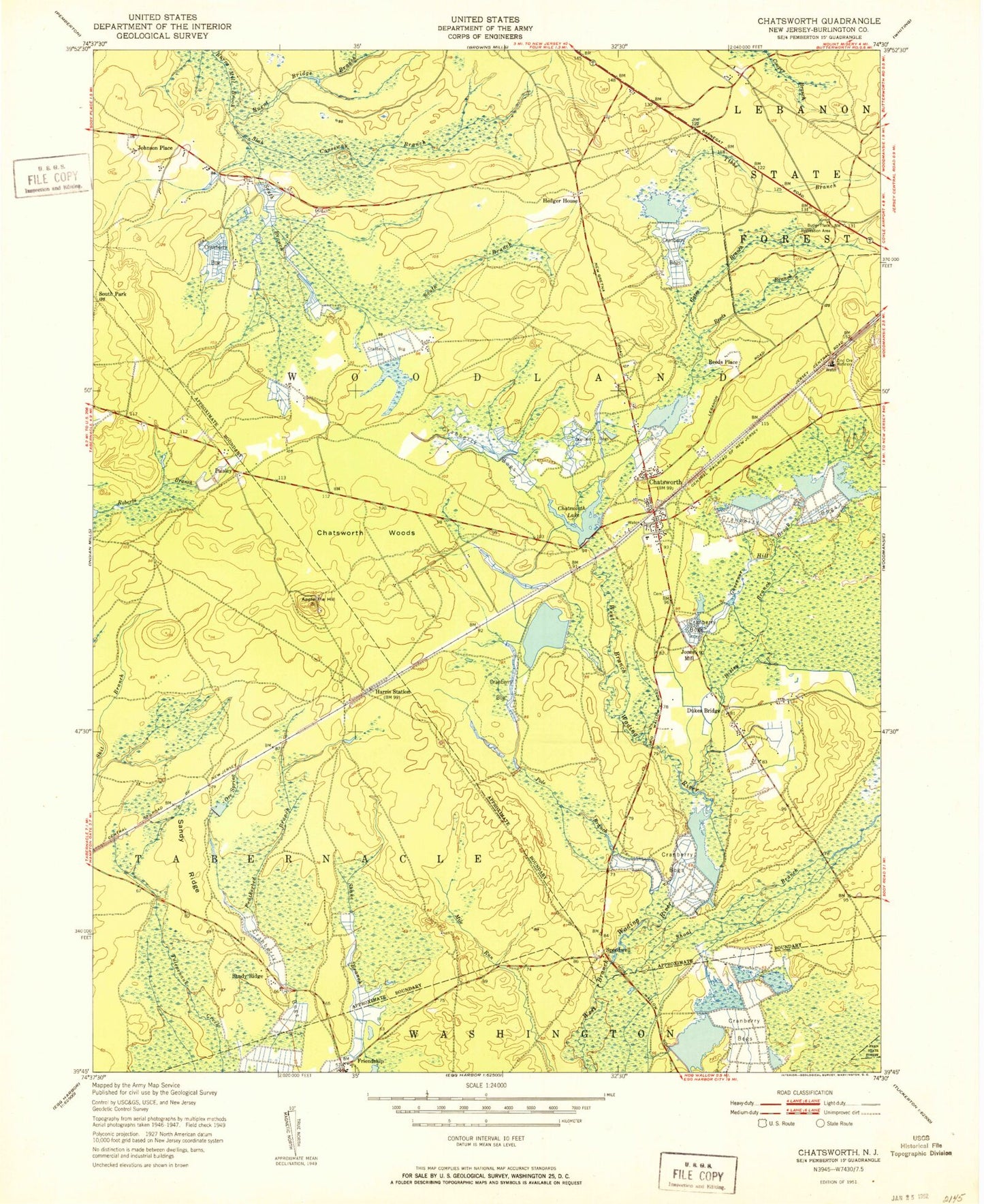 Classic USGS Chatsworth New Jersey 7.5'x7.5' Topo Map Image