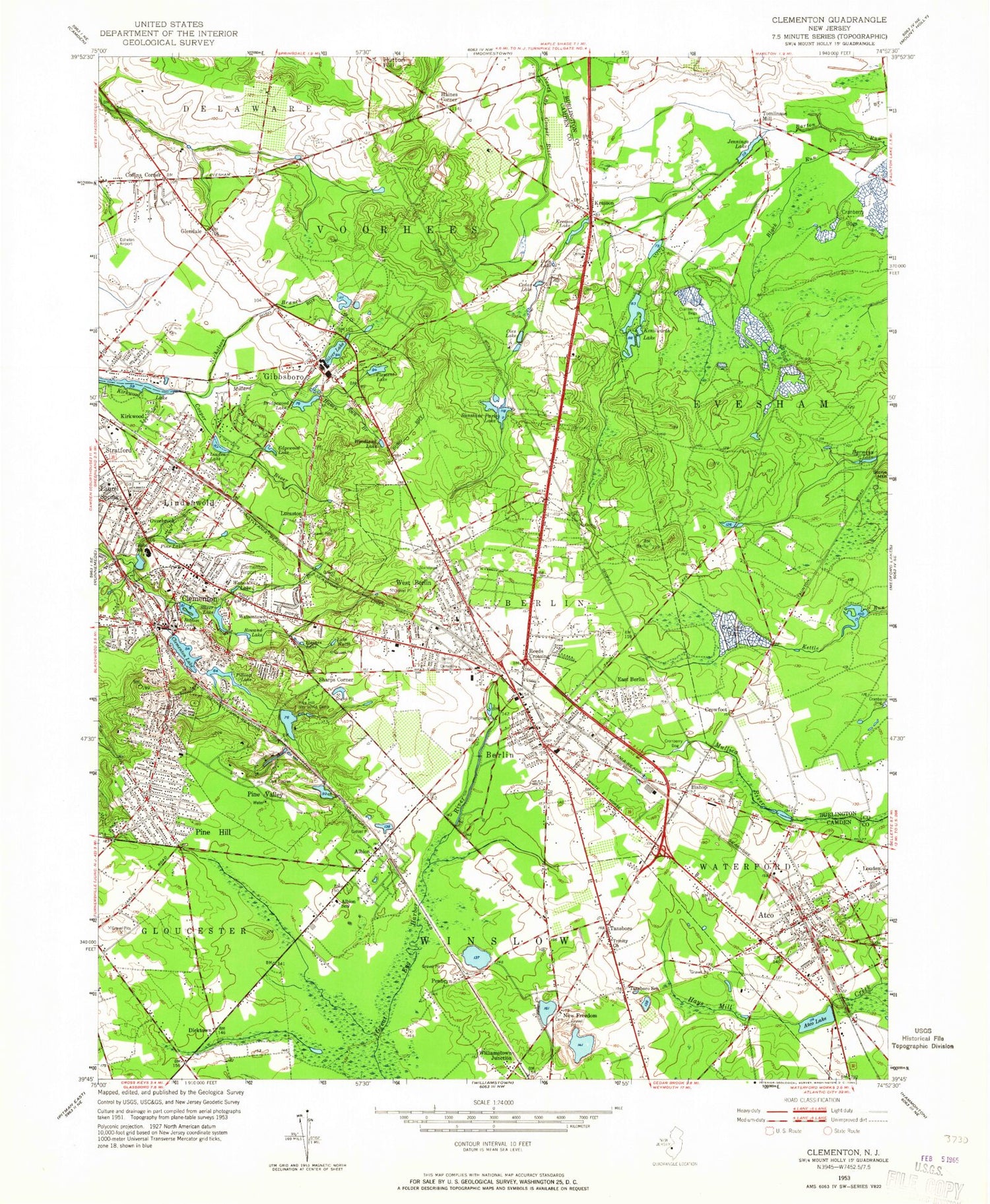 Classic USGS Clementon New Jersey 7.5'x7.5' Topo Map Image
