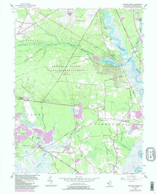 Classic USGS Dividing Creek New Jersey 7.5'x7.5' Topo Map Image
