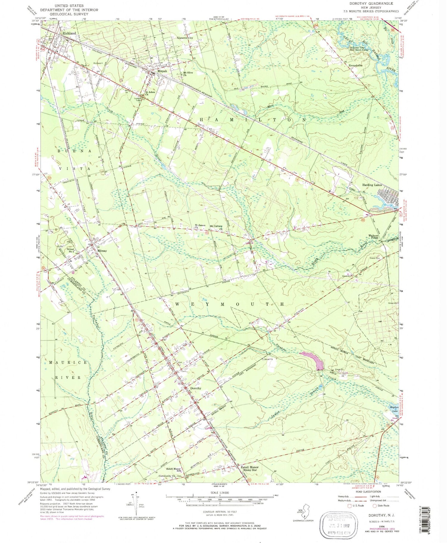 Classic USGS Dorothy New Jersey 7.5'x7.5' Topo Map Image