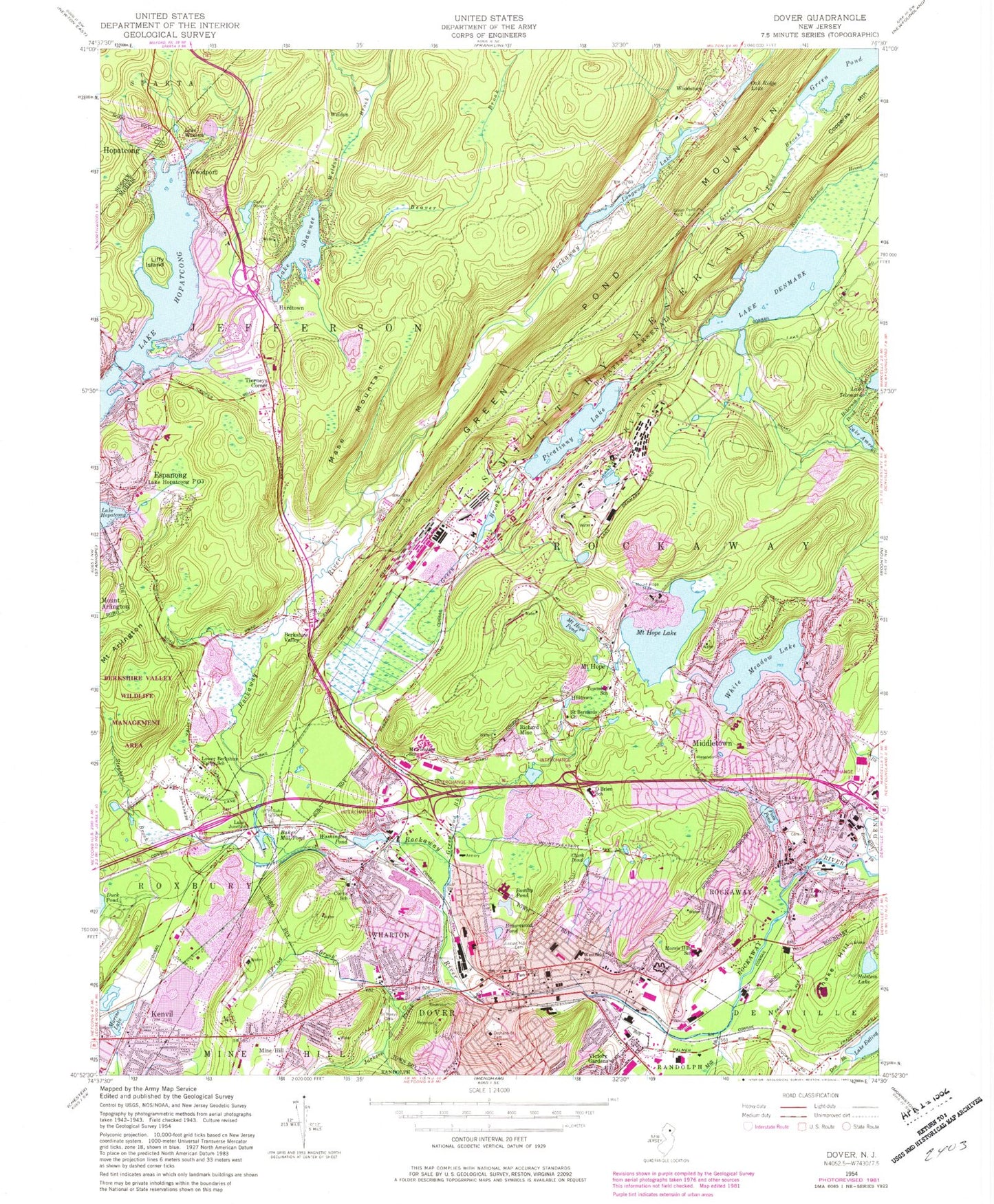 Classic USGS Dover New Jersey 7.5'x7.5' Topo Map Image