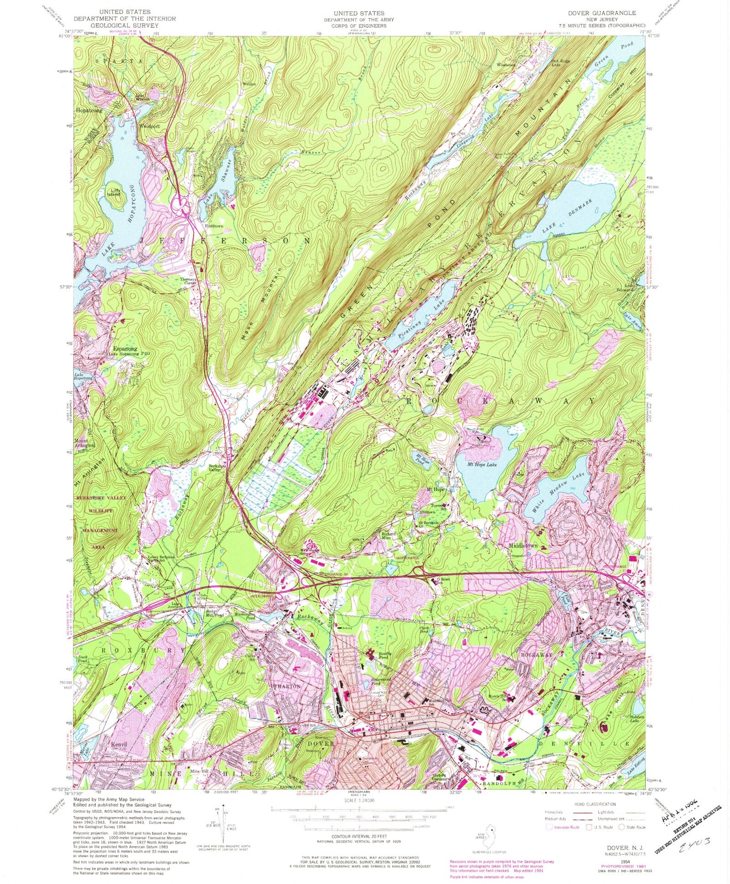 Classic USGS Dover New Jersey 7.5'x7.5' Topo Map Image
