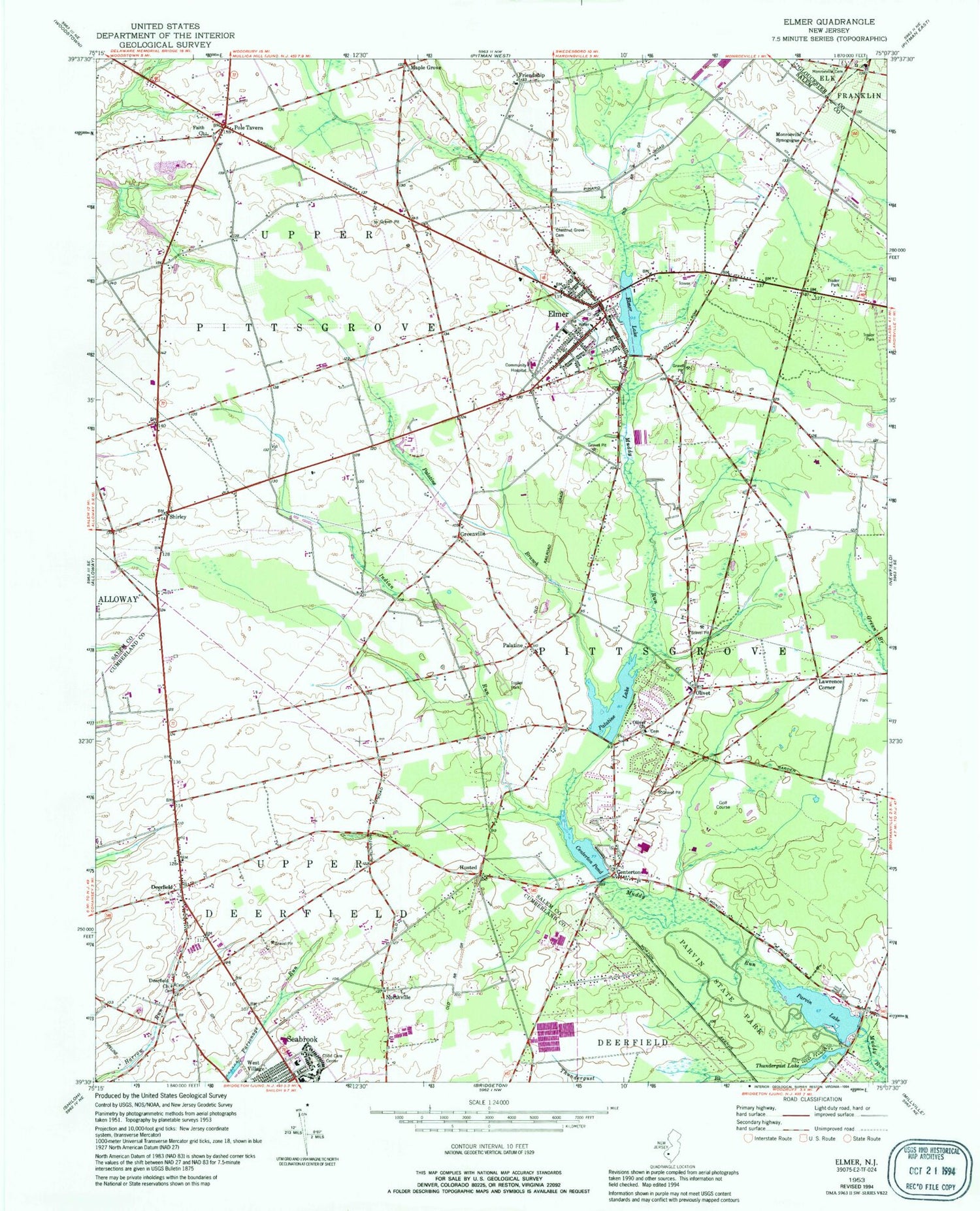 Classic USGS Elmer New Jersey 7.5'x7.5' Topo Map Image