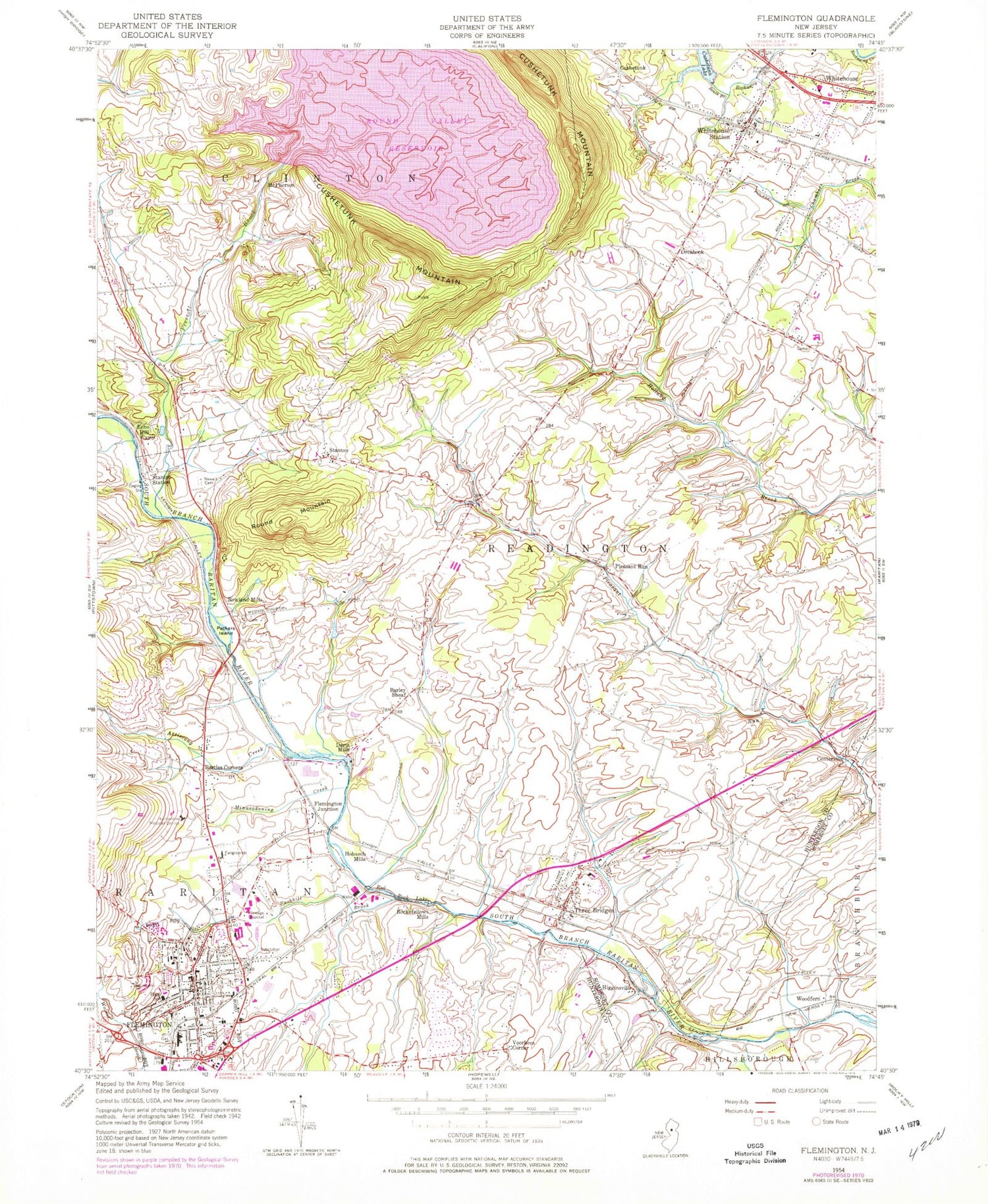 Classic USGS Flemington New Jersey 7.5'x7.5' Topo Map Image
