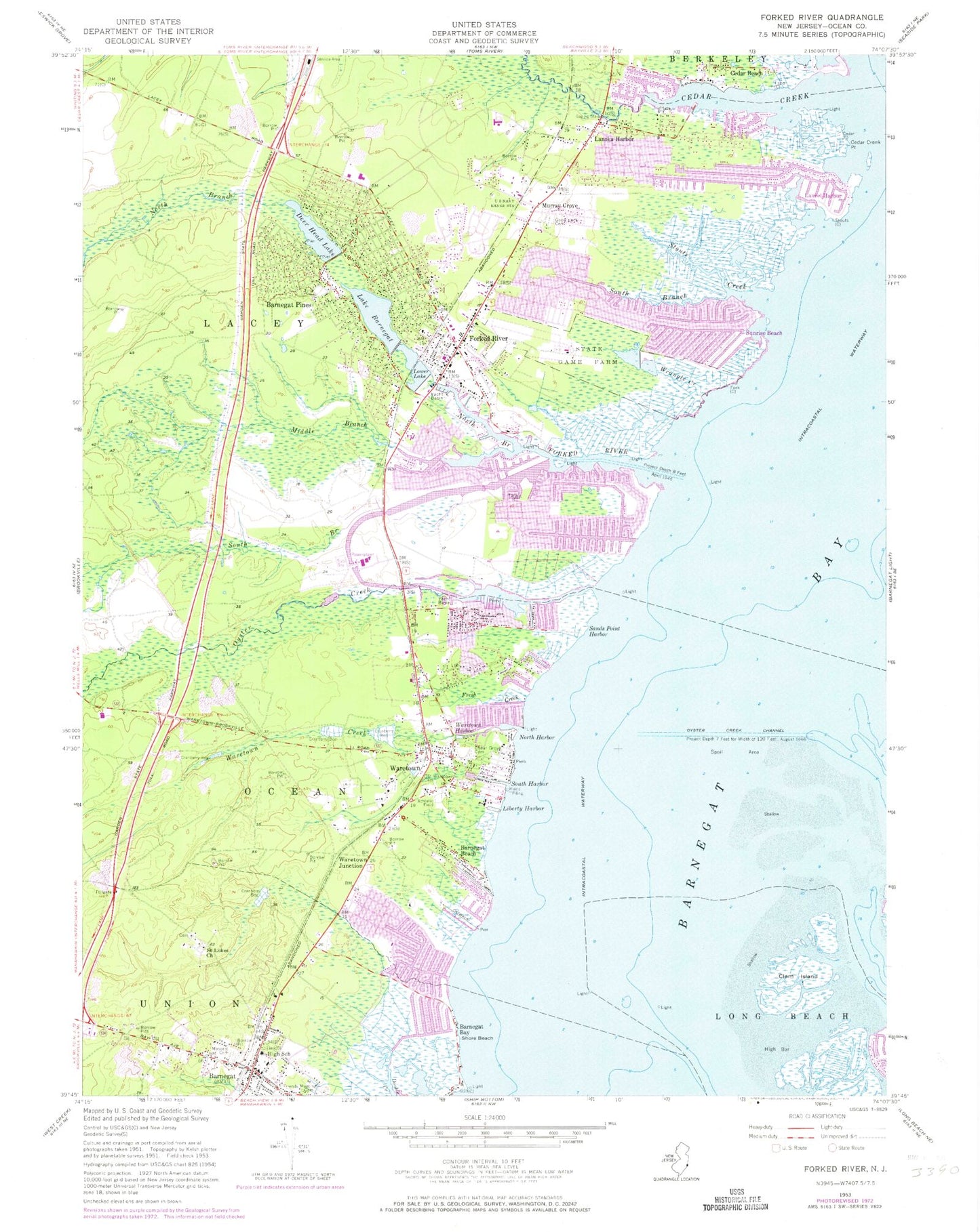 Classic USGS Forked River New Jersey 7.5'x7.5' Topo Map Image