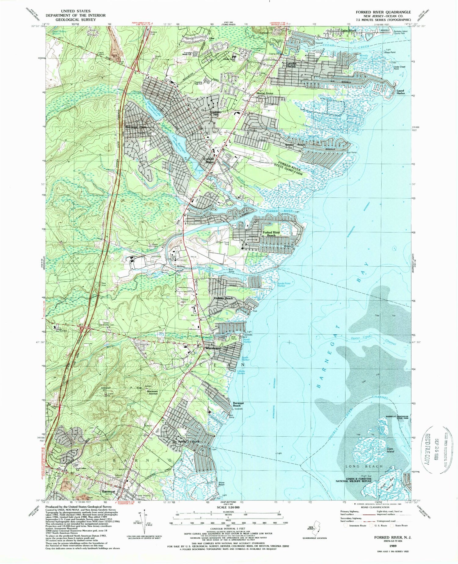 Classic USGS Forked River New Jersey 7.5'x7.5' Topo Map Image