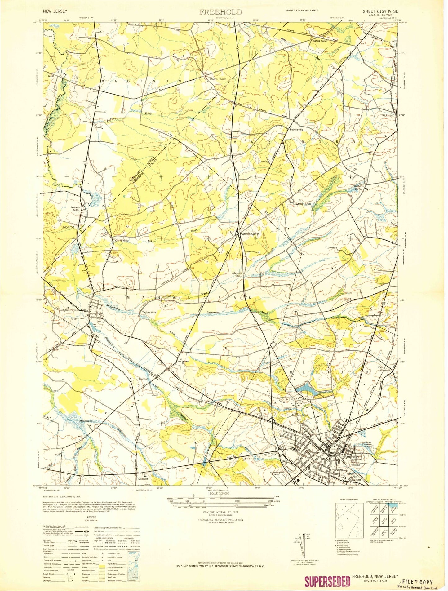 Classic USGS Freehold New Jersey 7.5'x7.5' Topo Map Image