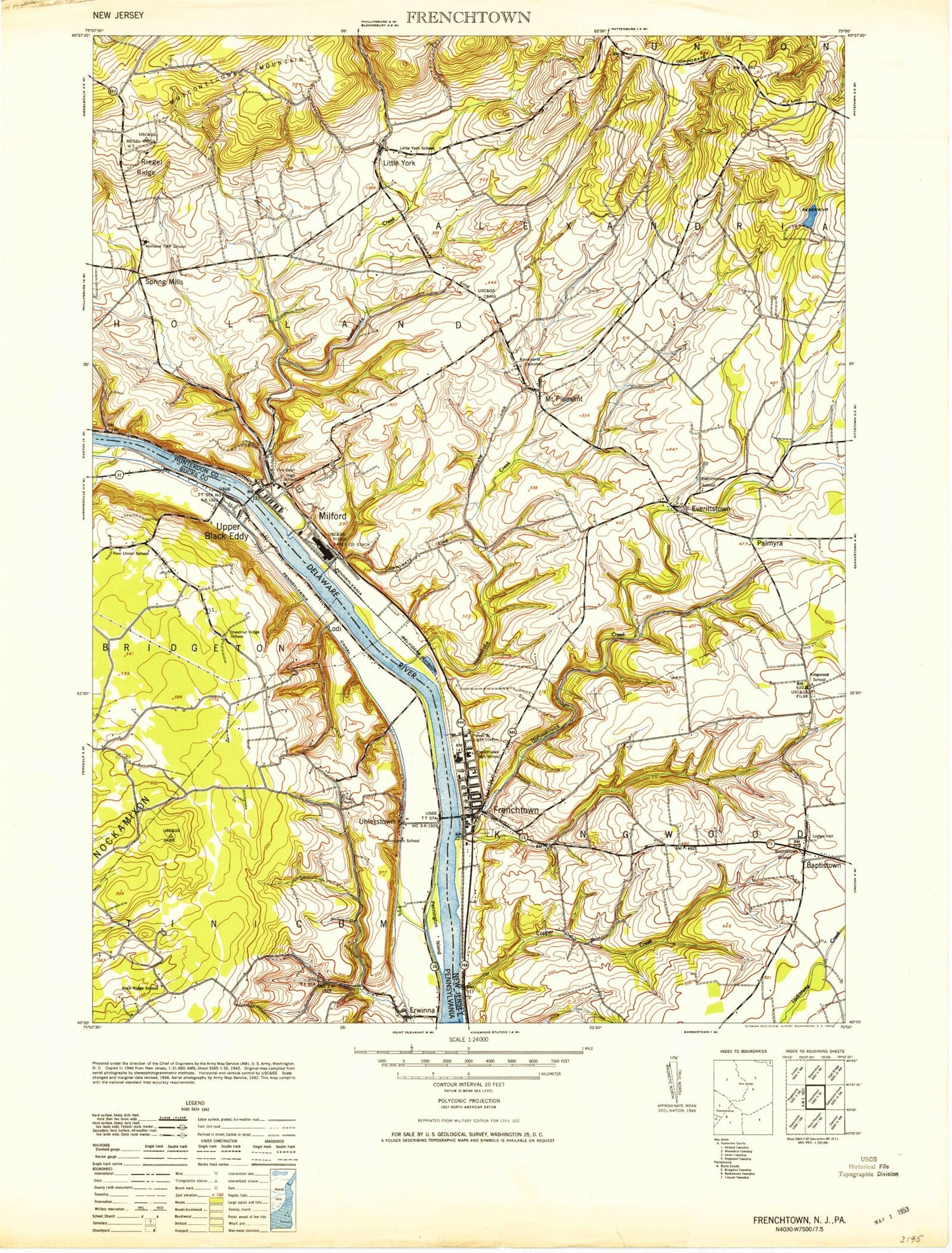 Classic USGS Frenchtown New Jersey 7.5'x7.5' Topo Map Image