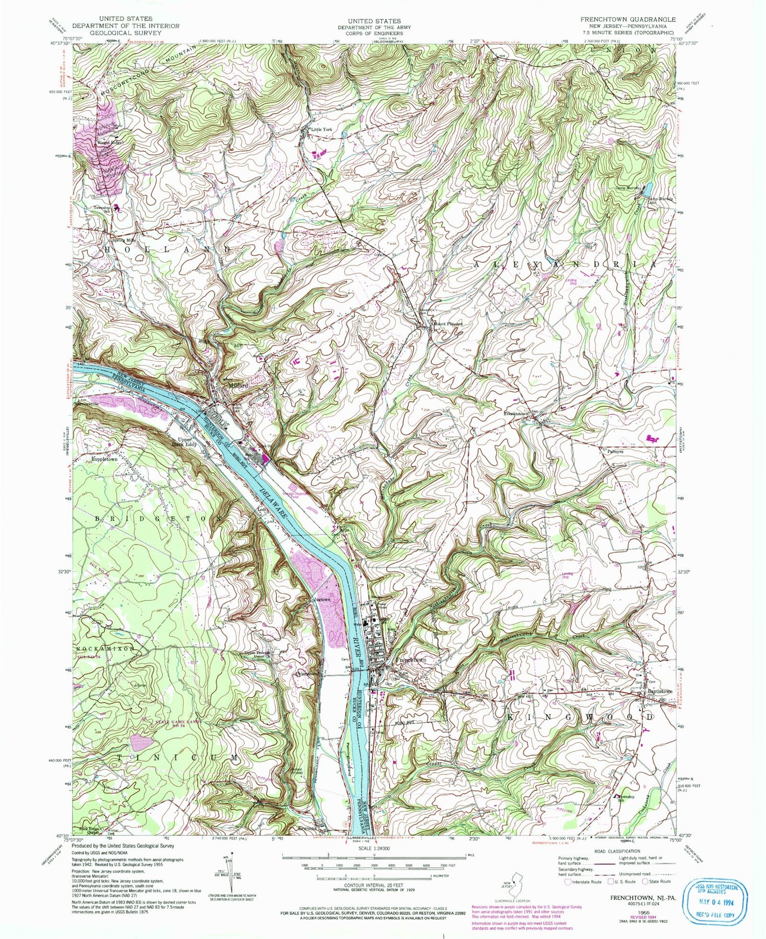 Classic USGS Frenchtown New Jersey 7.5'x7.5' Topo Map Image