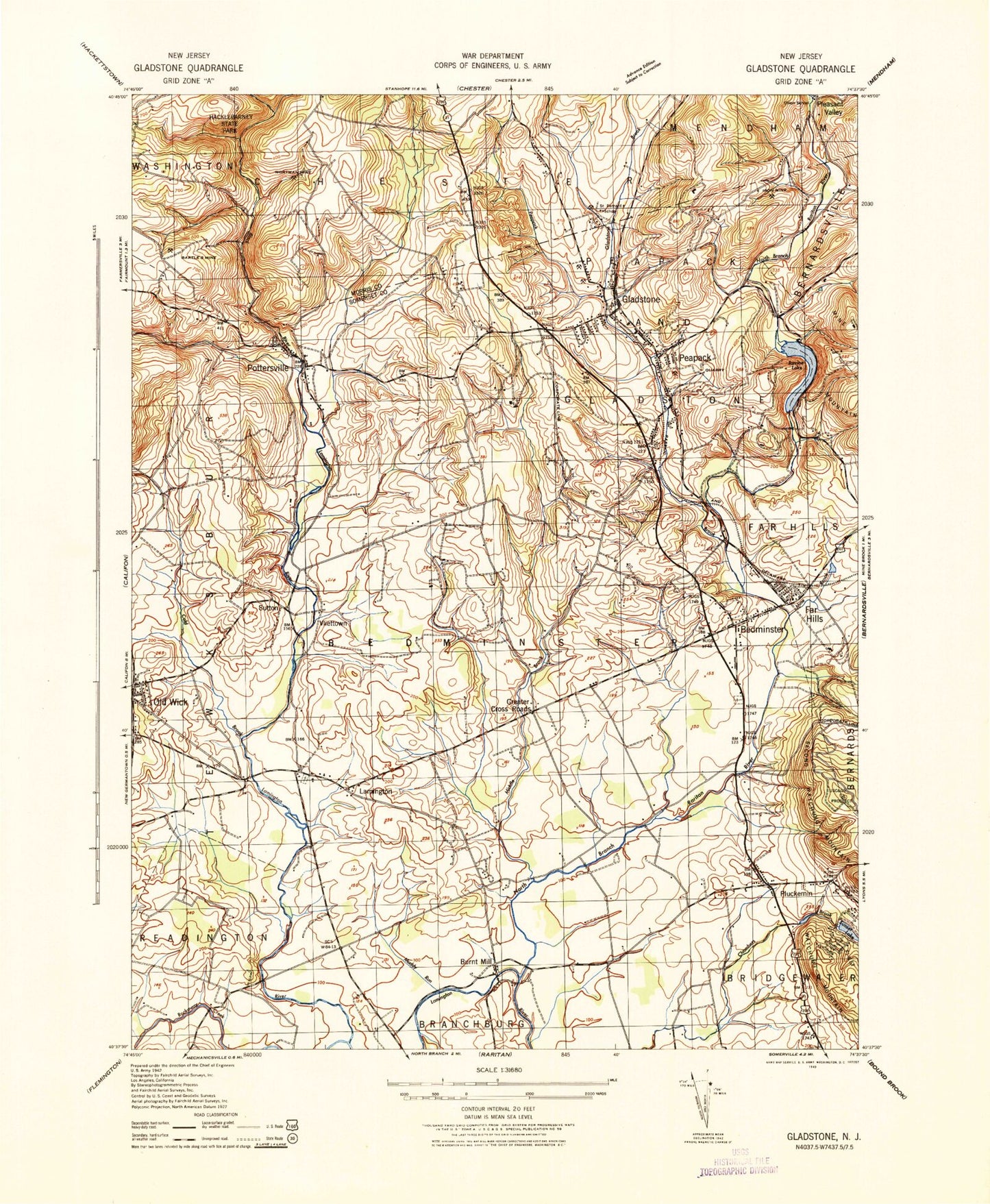 Classic USGS Gladstone New Jersey 7.5'x7.5' Topo Map Image