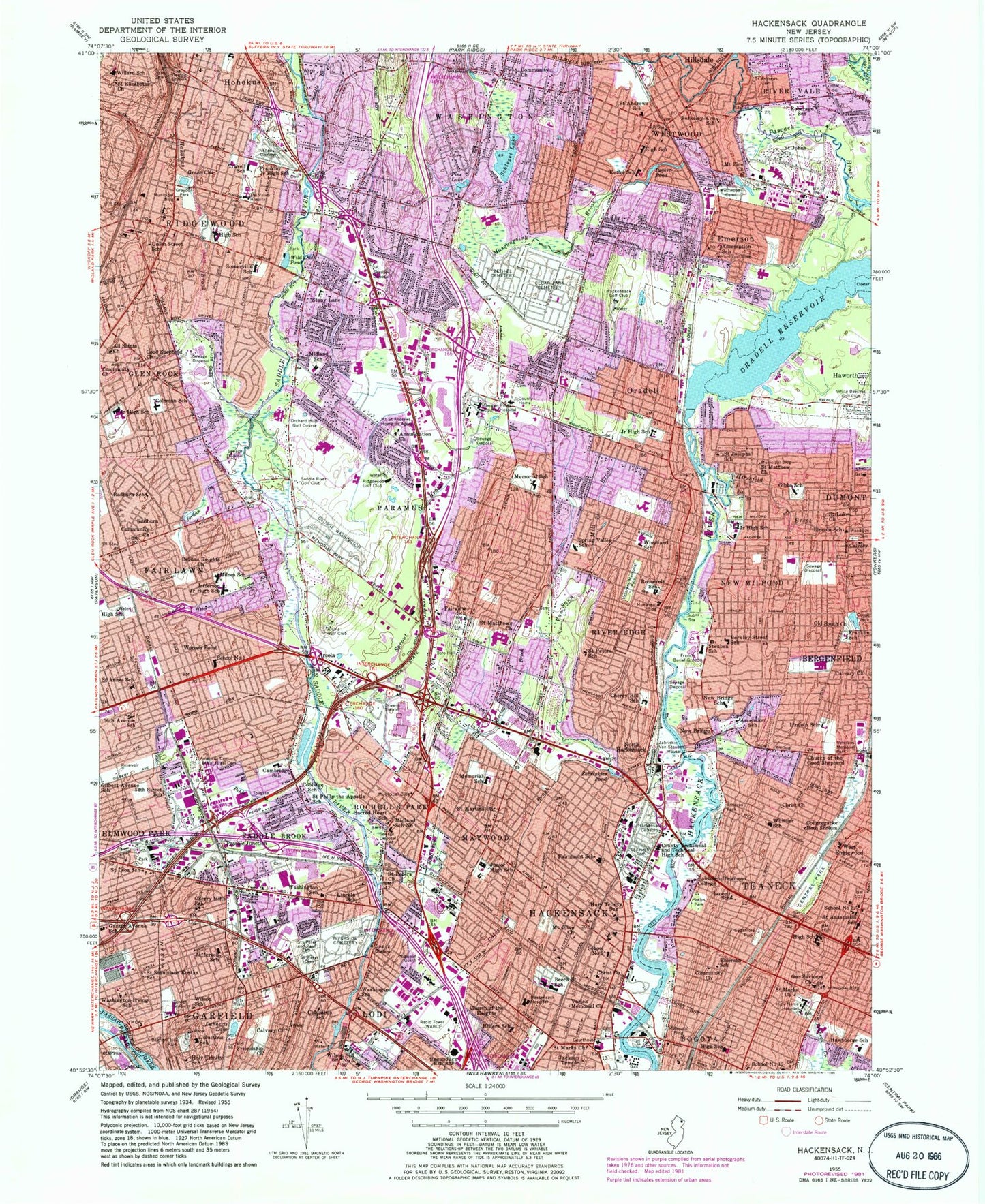 Classic USGS Hackensack New Jersey 7.5'x7.5' Topo Map Image