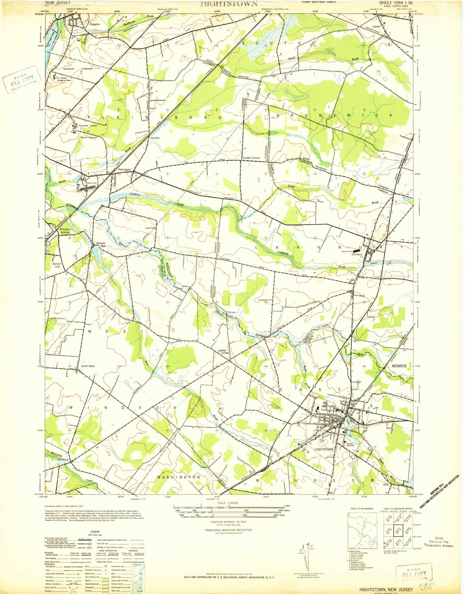 Classic USGS Hightstown New Jersey 7.5'x7.5' Topo Map Image