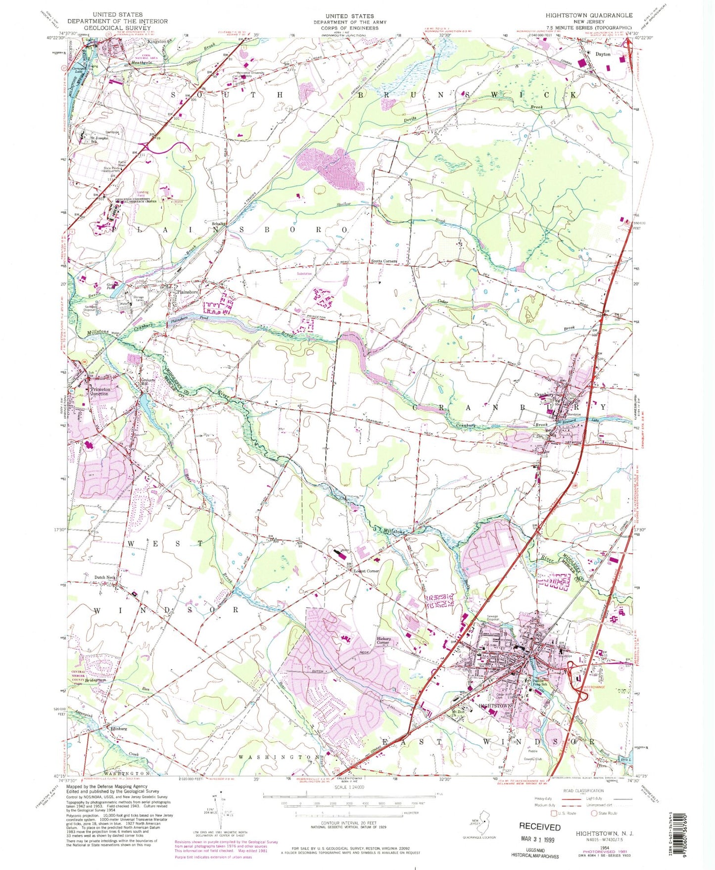 Classic USGS Hightstown New Jersey 7.5'x7.5' Topo Map Image