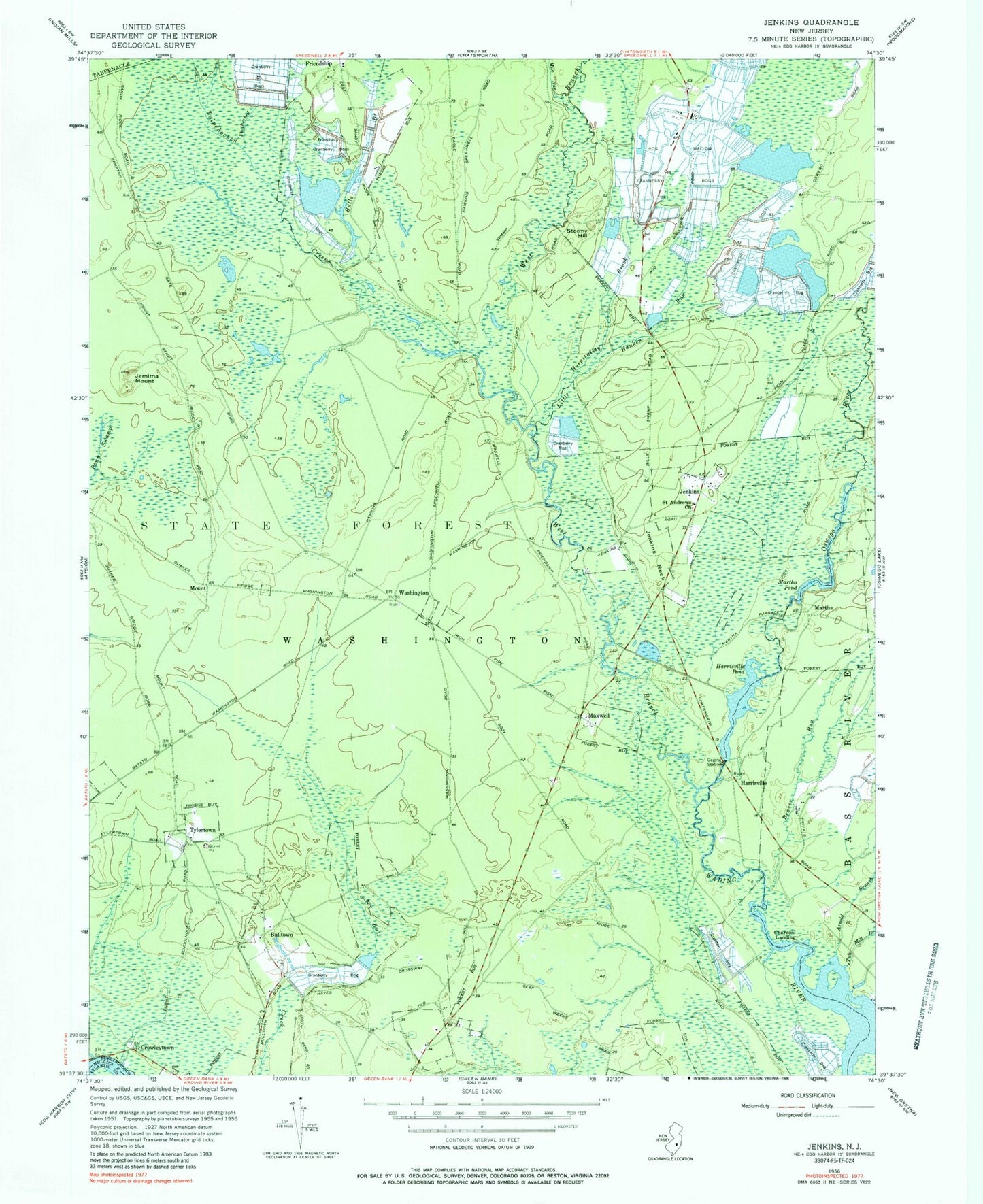 Classic USGS Jenkins New Jersey 7.5'x7.5' Topo Map Image