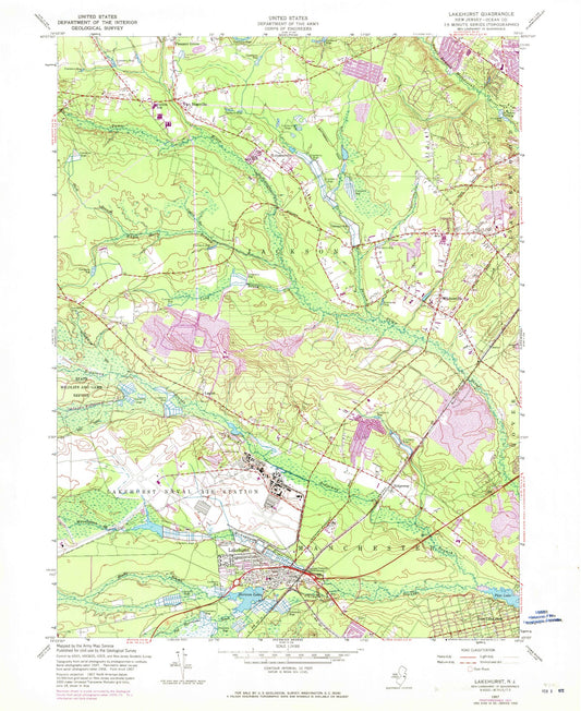 Classic USGS Lakehurst New Jersey 7.5'x7.5' Topo Map Image