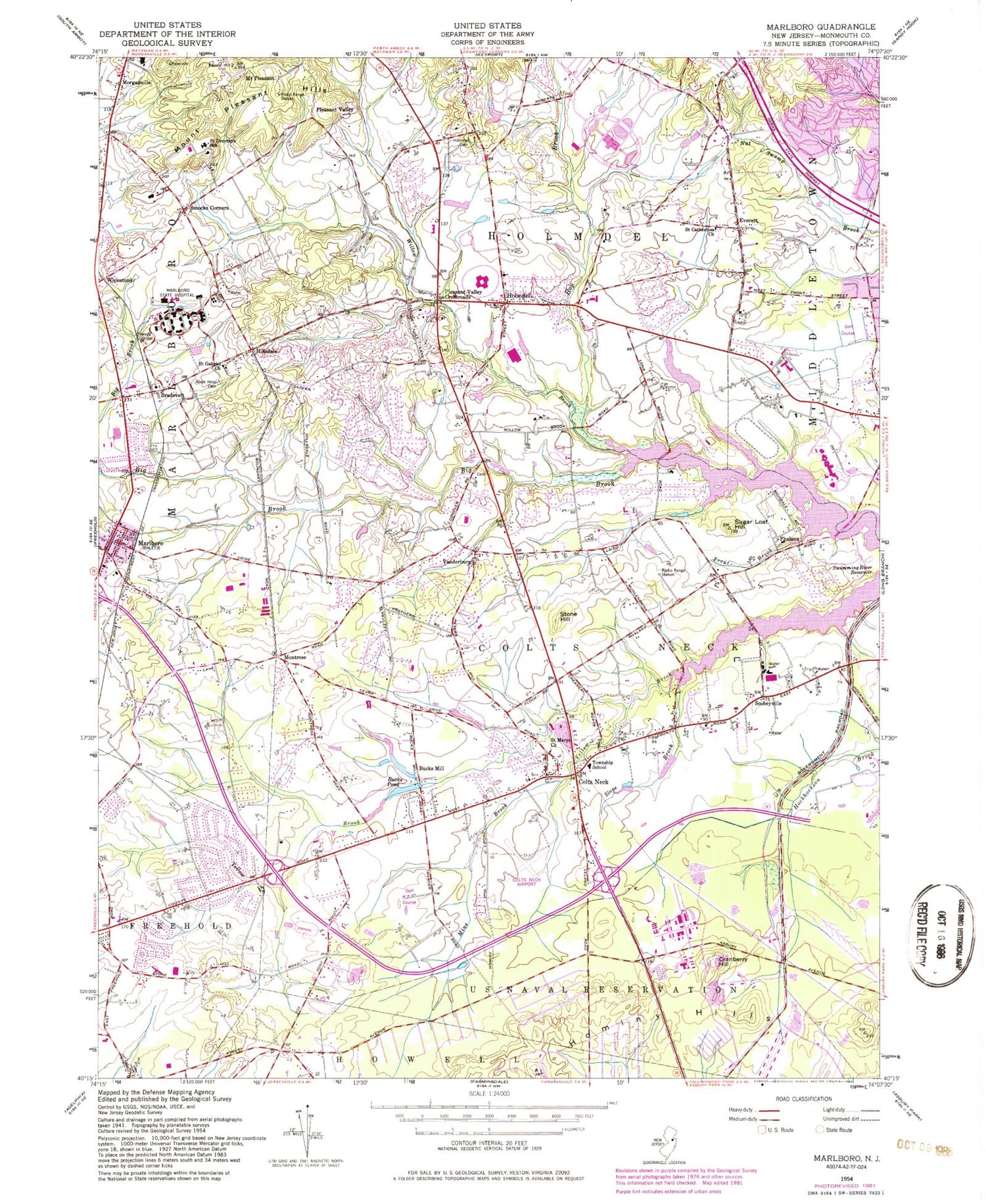 Classic USGS Marlboro New Jersey 7.5'x7.5' Topo Map Image