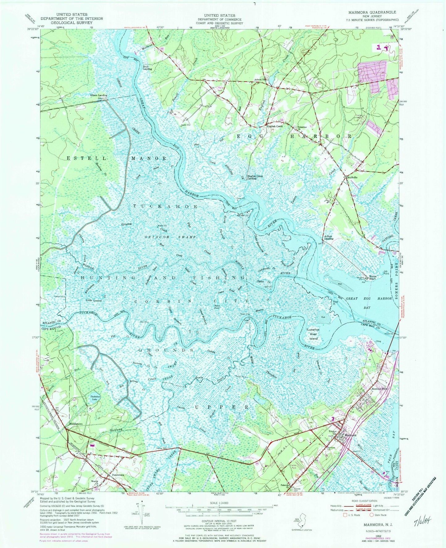Classic USGS Marmora New Jersey 7.5'x7.5' Topo Map Image