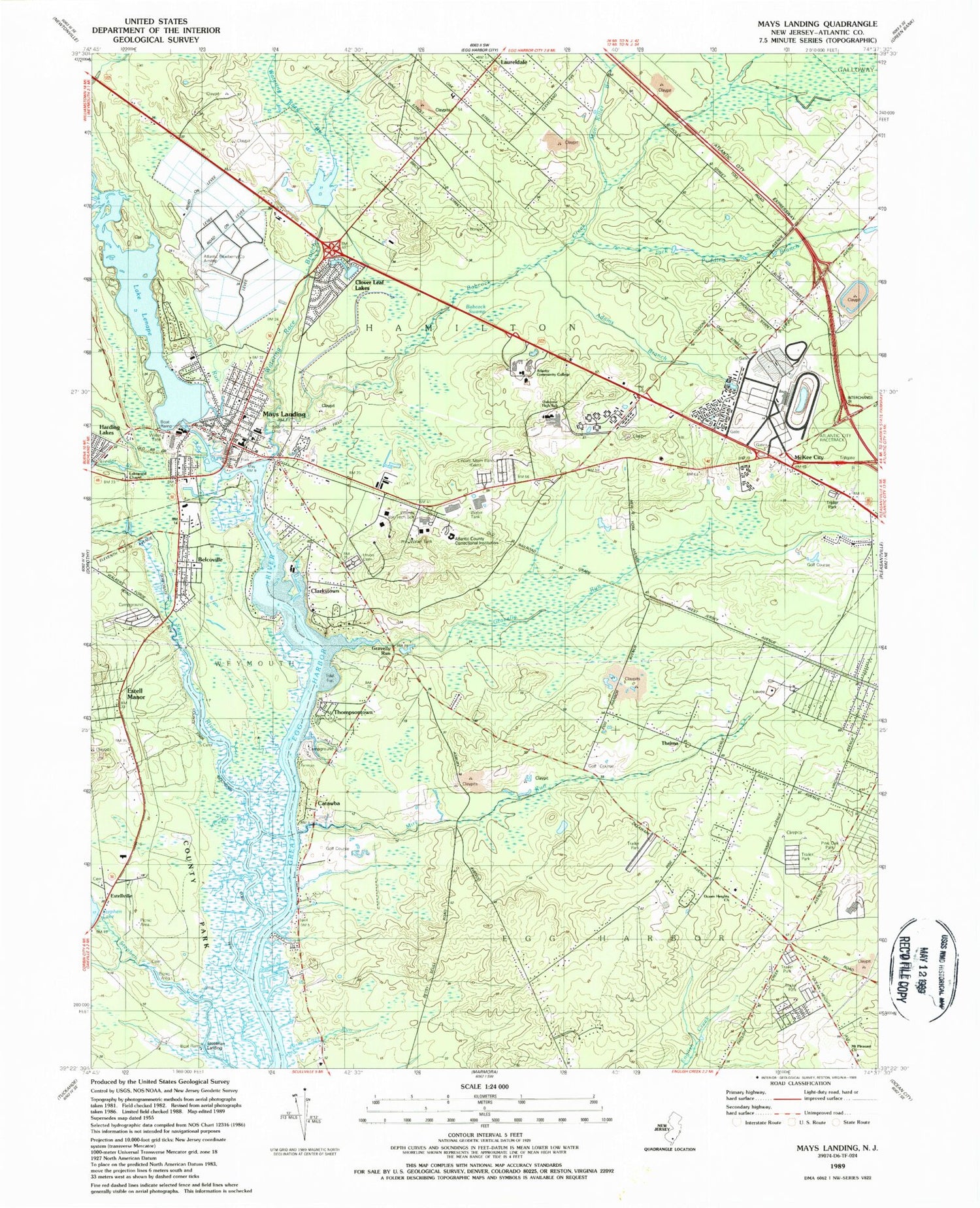 Classic USGS Mays Landing New Jersey 7.5'x7.5' Topo Map Image