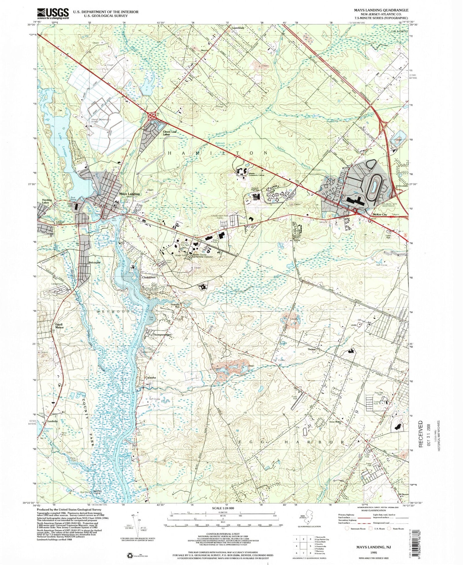 Classic USGS Mays Landing New Jersey 7.5'x7.5' Topo Map Image