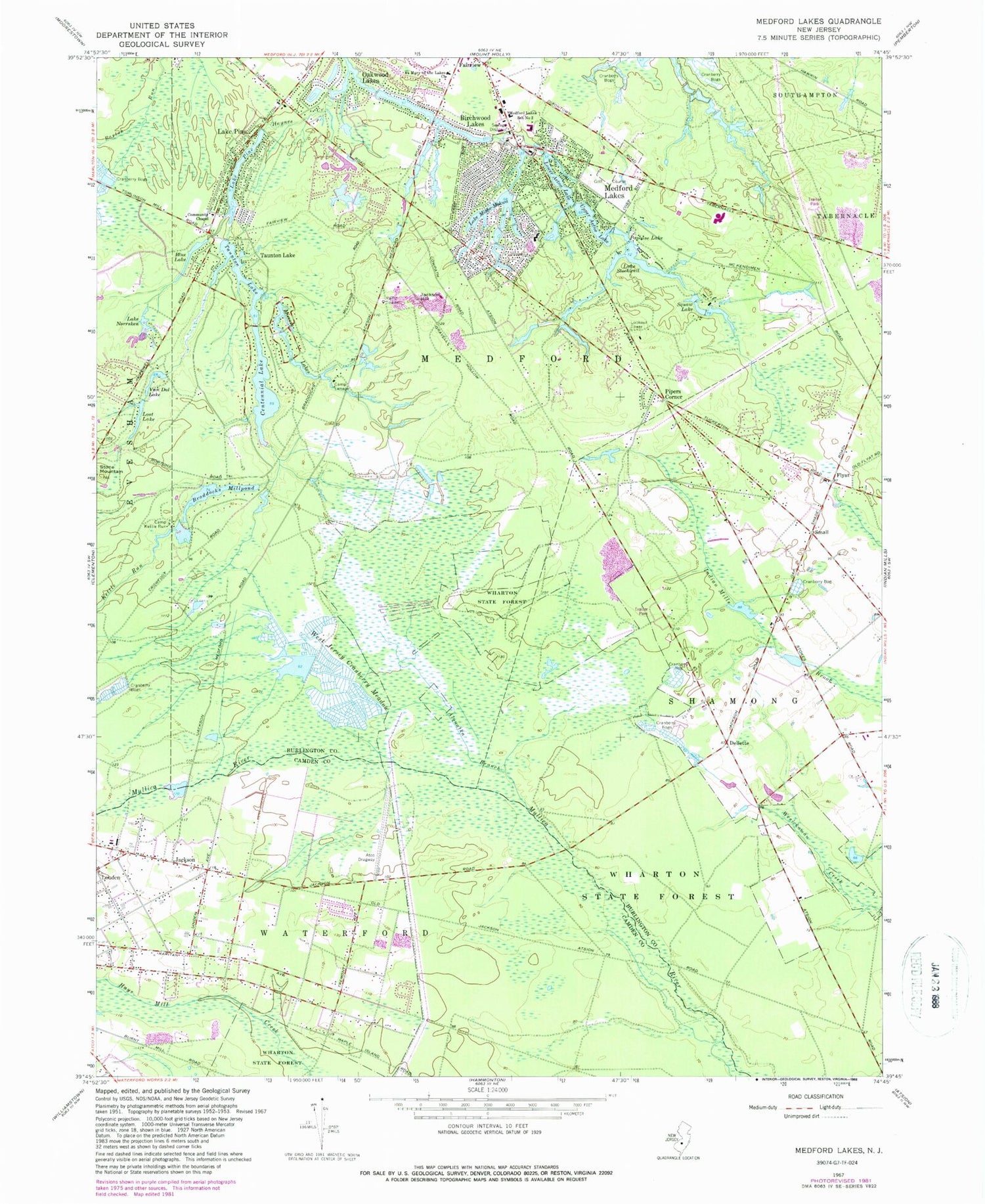 Classic USGS Medford Lakes New Jersey 7.5'x7.5' Topo Map Image