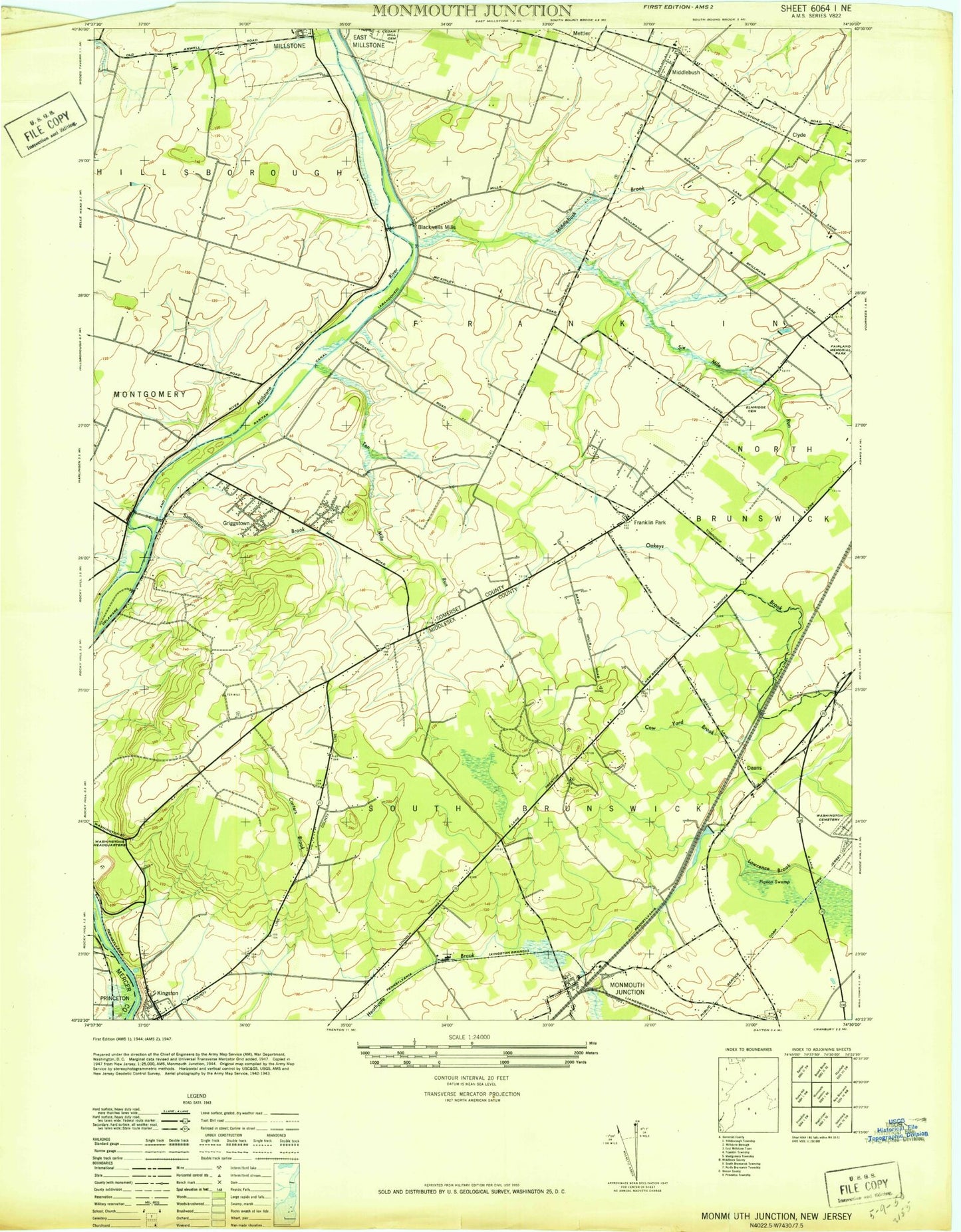 Classic USGS Monmouth Junction New Jersey 7.5'x7.5' Topo Map Image