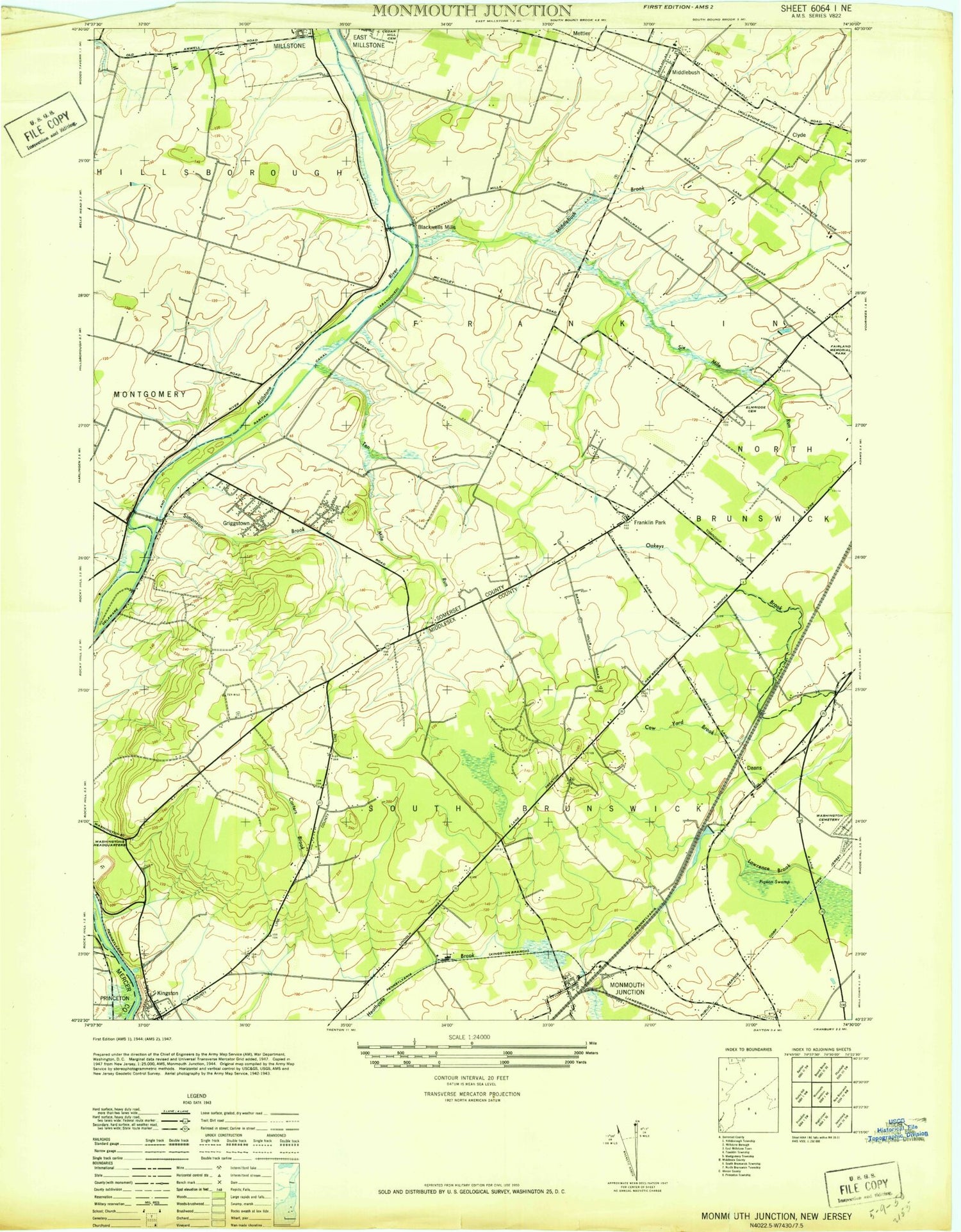 Classic USGS Monmouth Junction New Jersey 7.5'x7.5' Topo Map Image