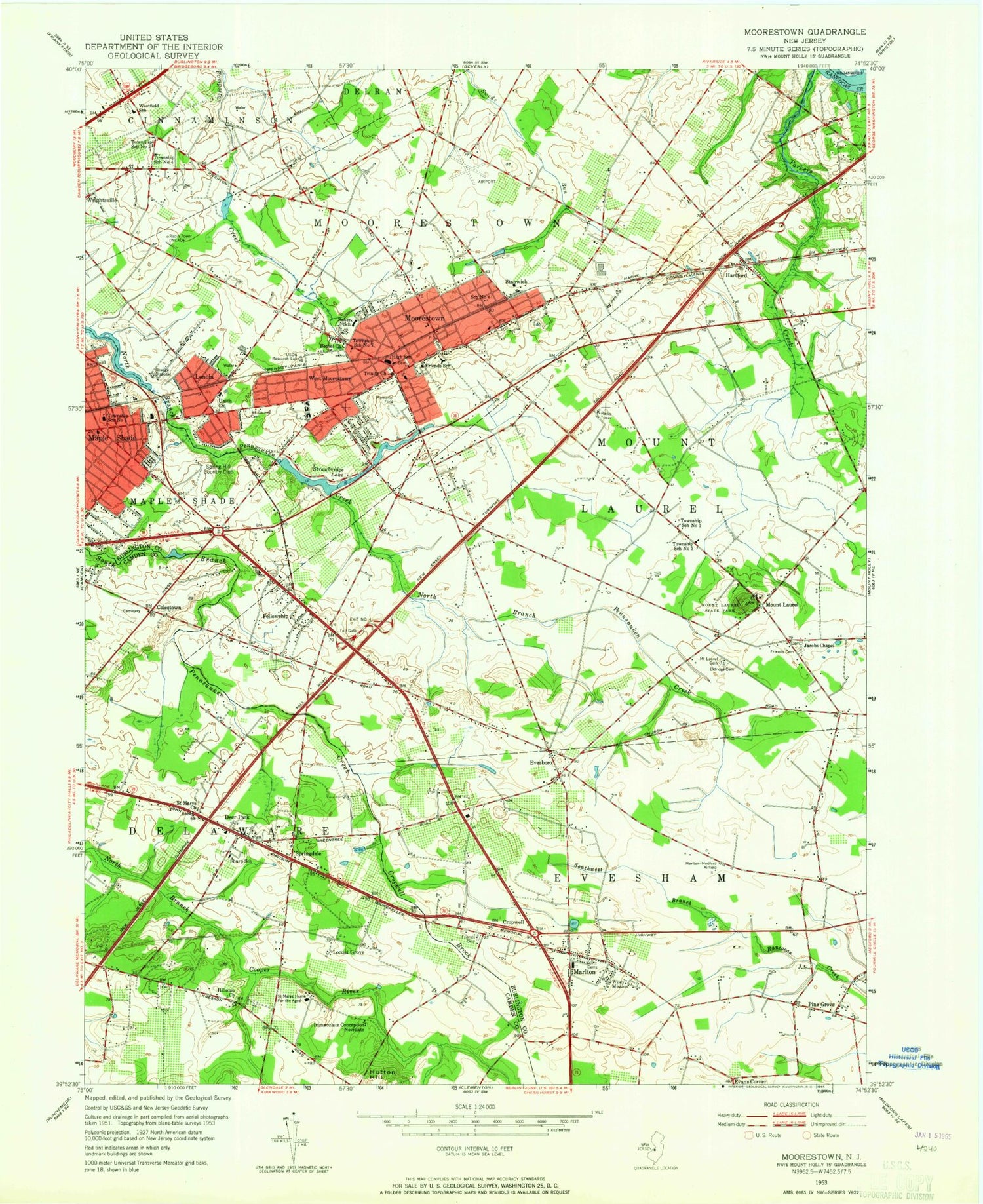 Classic USGS Moorestown New Jersey 7.5'x7.5' Topo Map Image