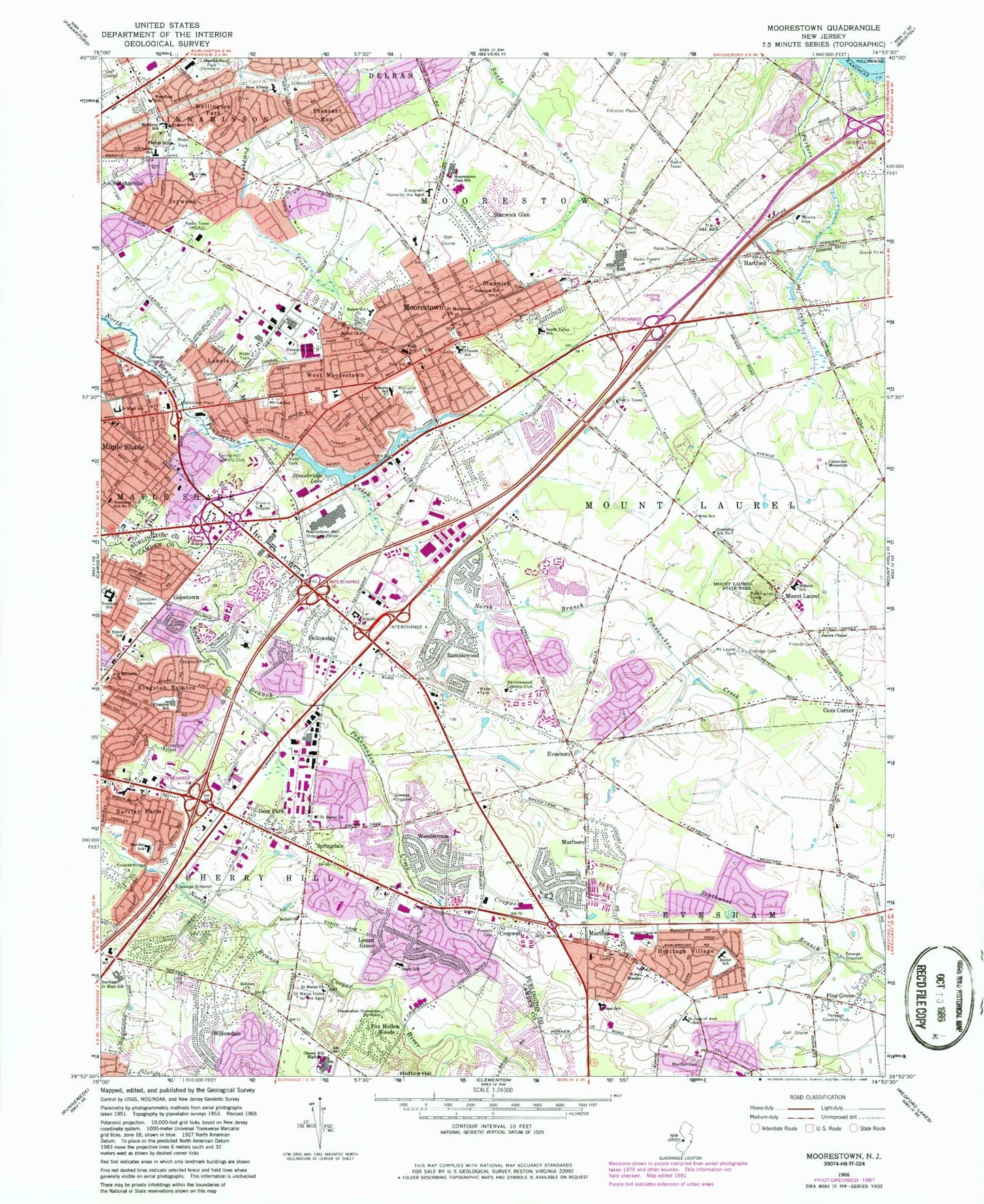Classic USGS Moorestown New Jersey 7.5'x7.5' Topo Map Image