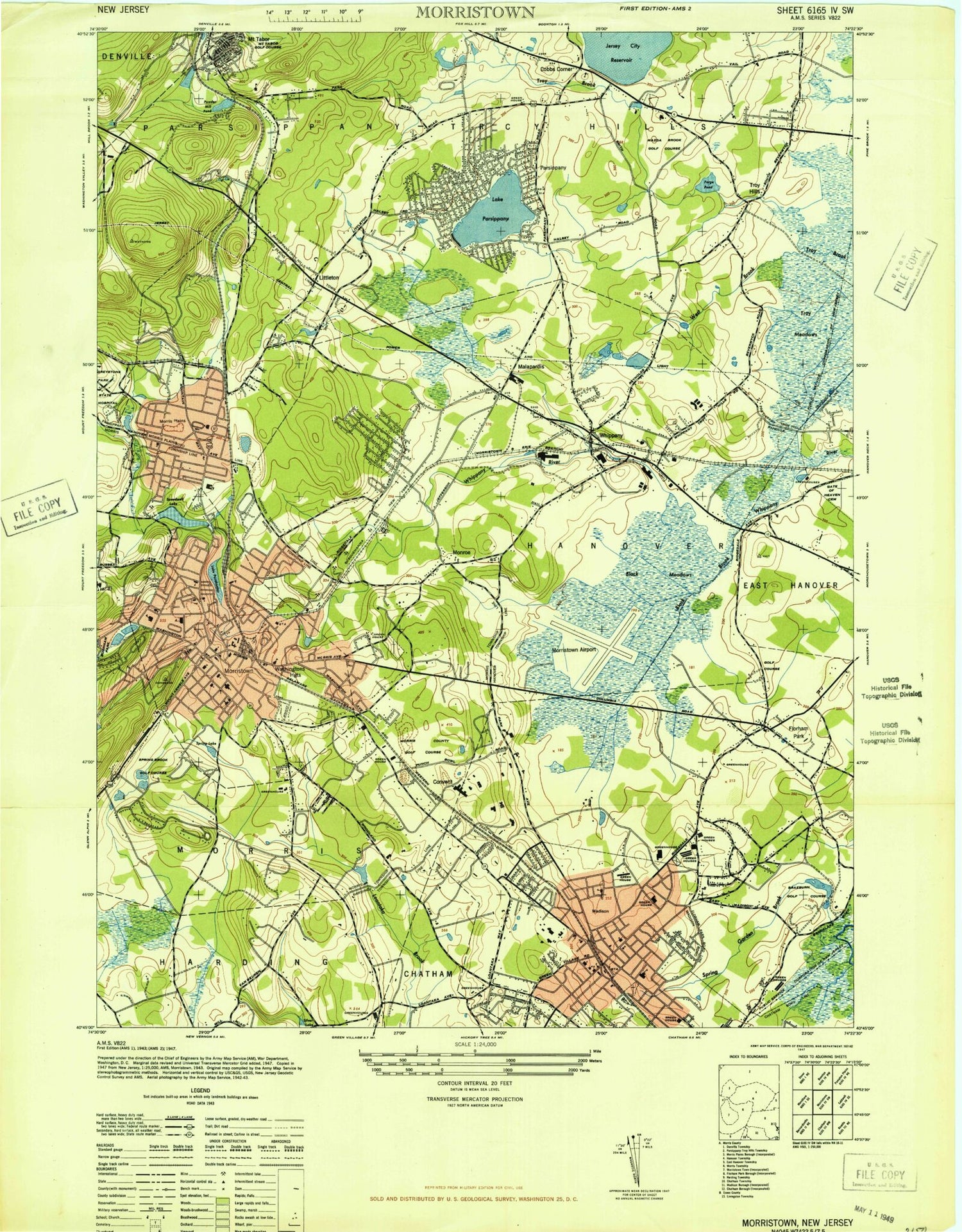 Classic USGS Morristown New Jersey 7.5'x7.5' Topo Map Image