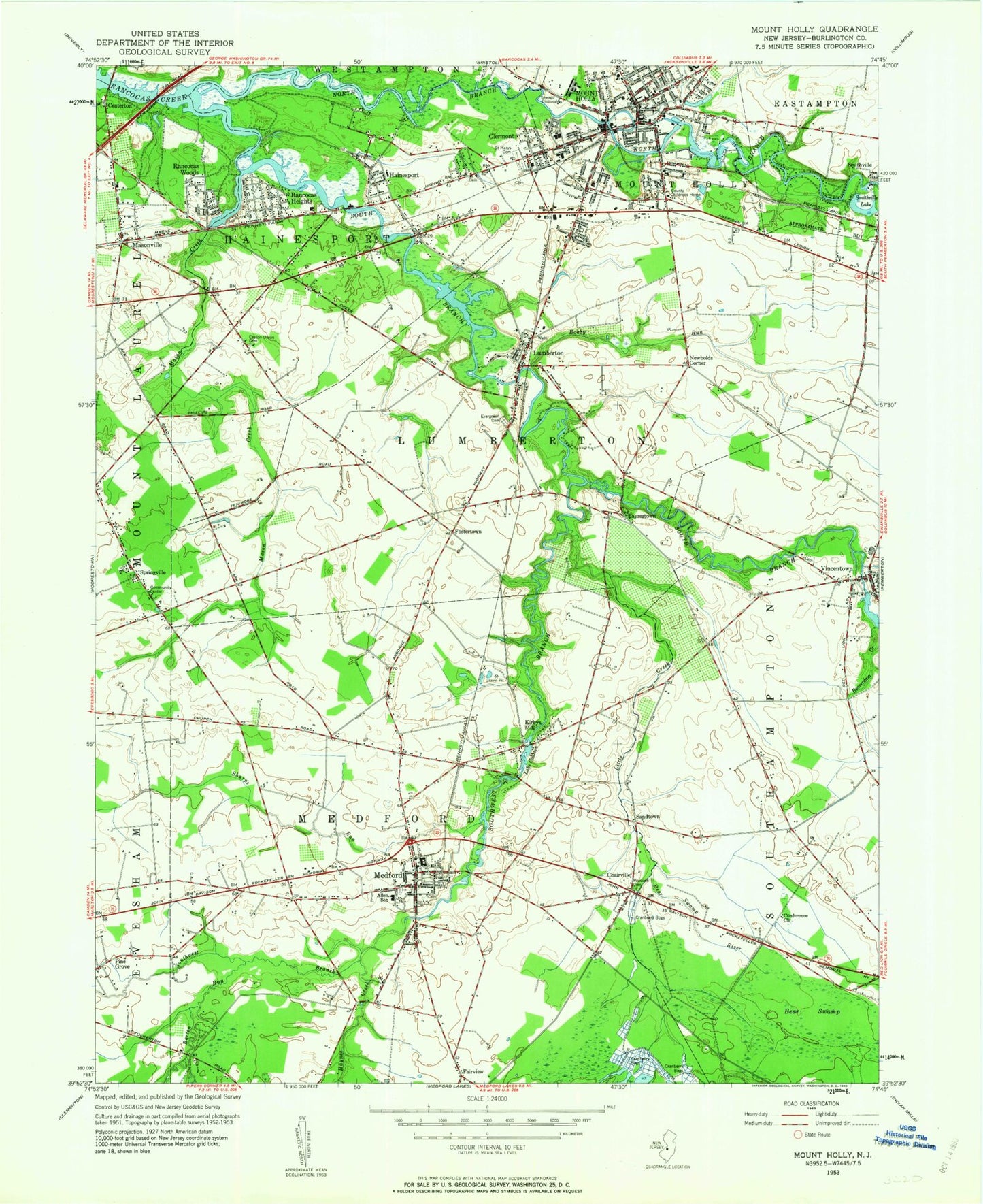 Classic USGS Mount Holly New Jersey 7.5'x7.5' Topo Map Image