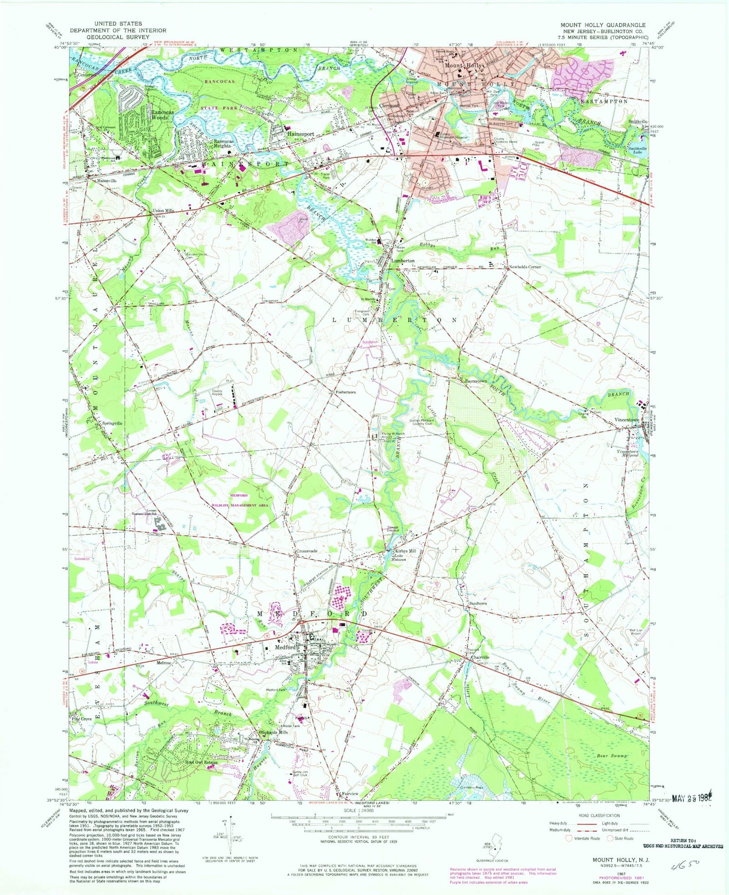 Classic USGS Mount Holly New Jersey 7.5'x7.5' Topo Map Image