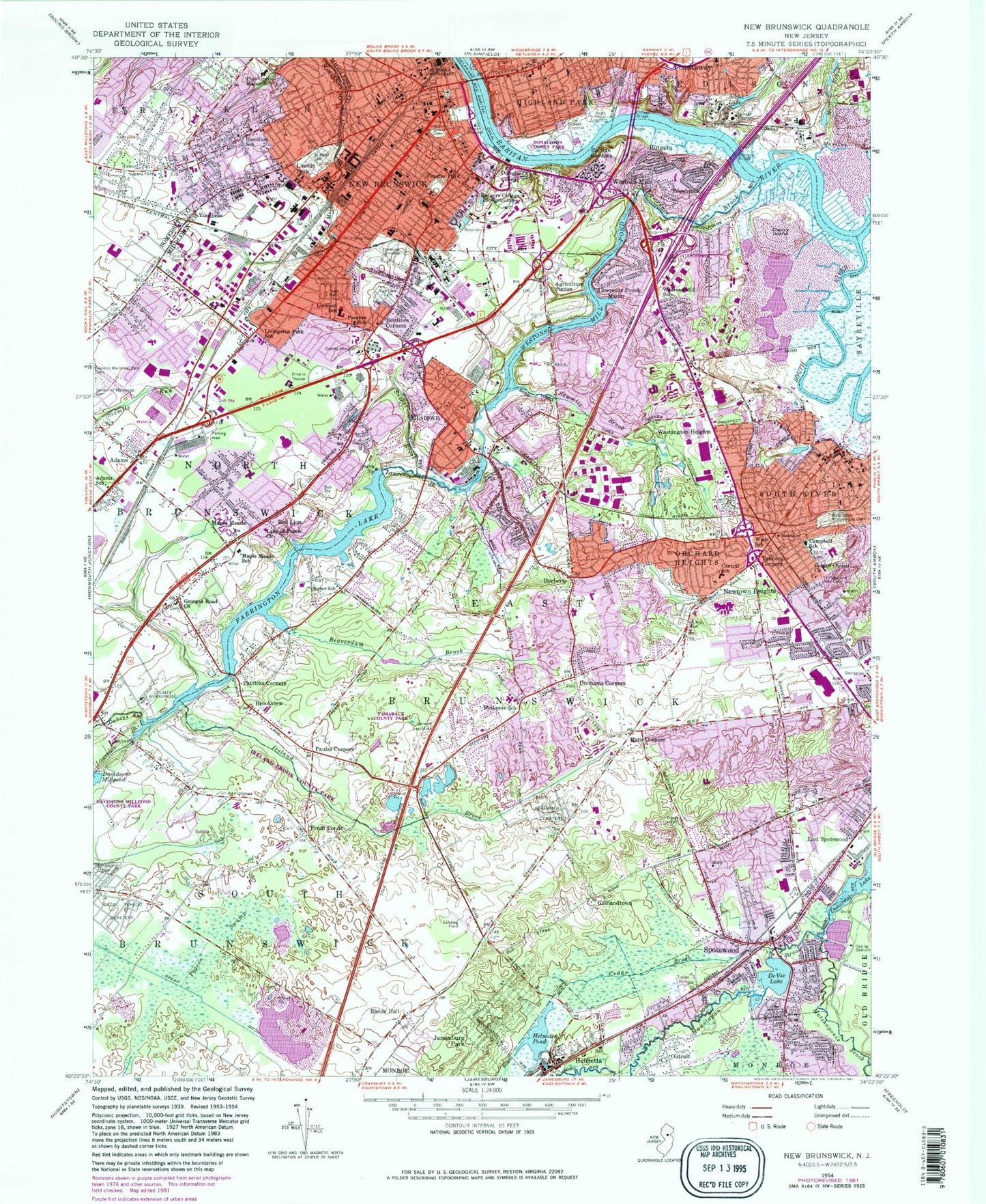 Classic USGS New Brunswick New Jersey 7.5'x7.5' Topo Map Image
