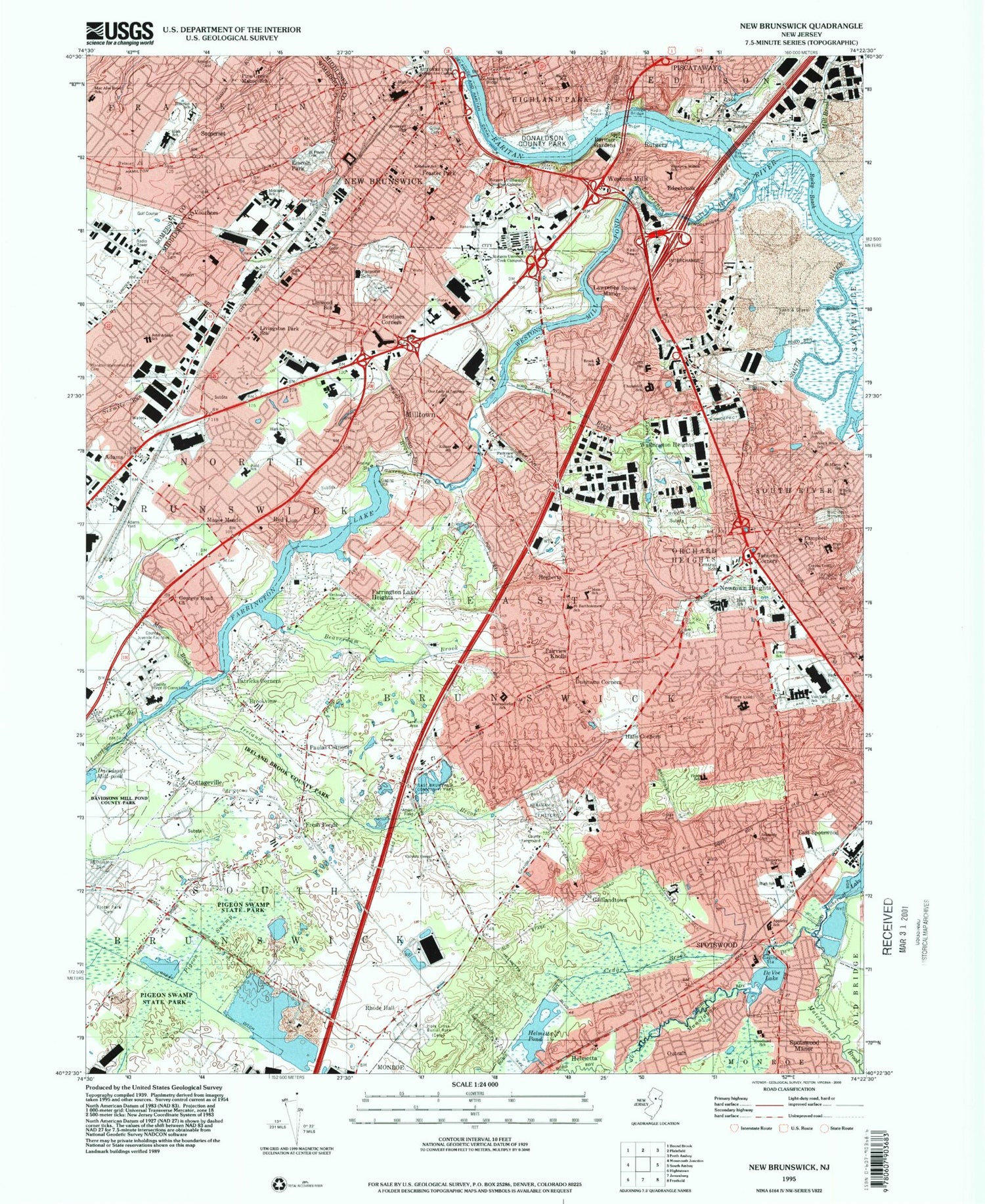 Classic USGS New Brunswick New Jersey 7.5'x7.5' Topo Map Image