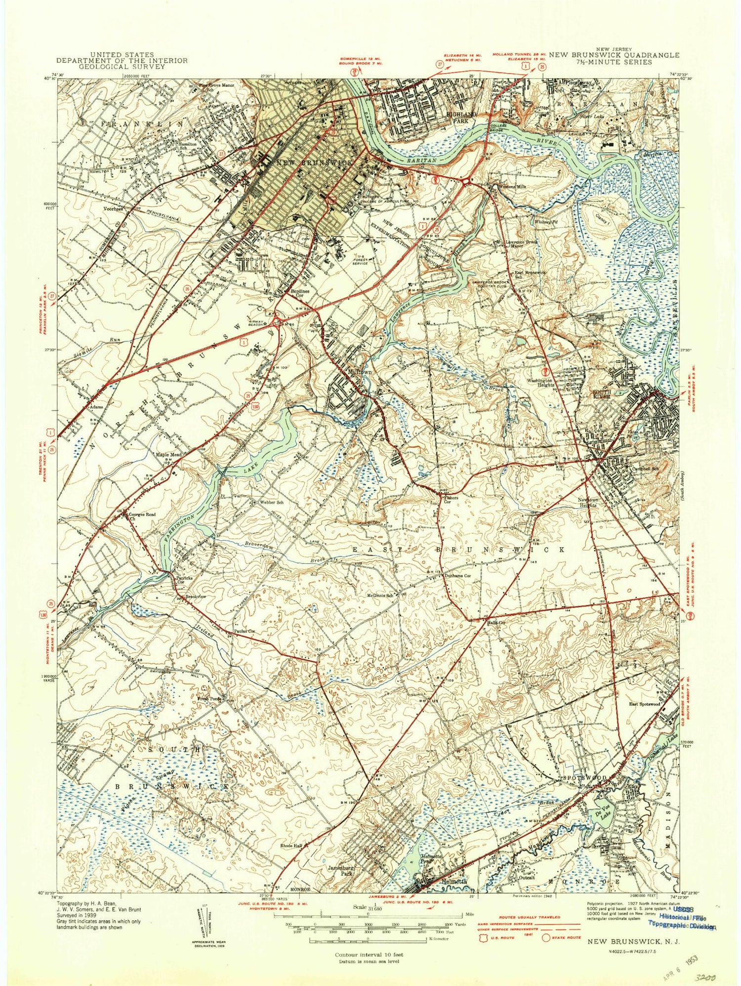 Classic USGS New Brunswick New Jersey 7.5'x7.5' Topo Map Image