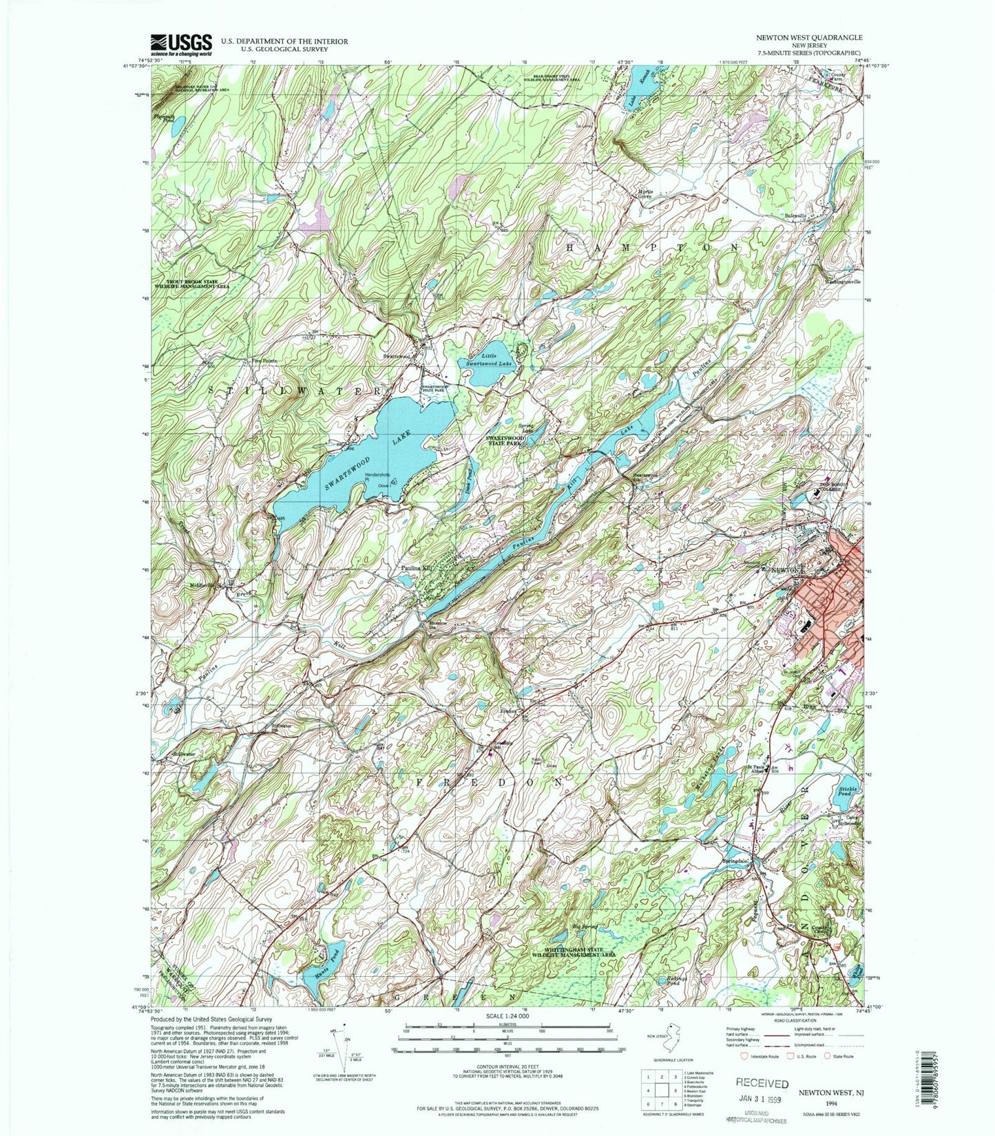 Classic USGS Newton West New Jersey 7.5'x7.5' Topo Map Image