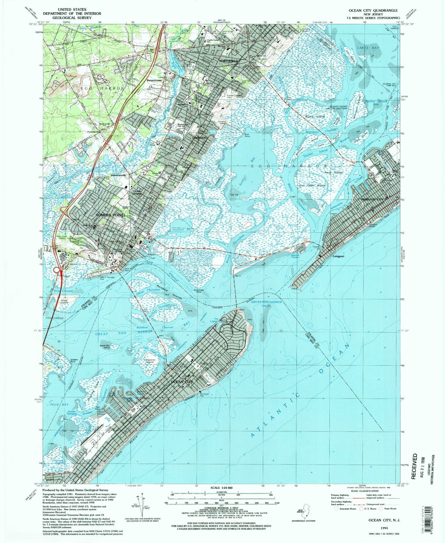 Classic USGS Ocean City New Jersey 7.5'x7.5' Topo Map Image