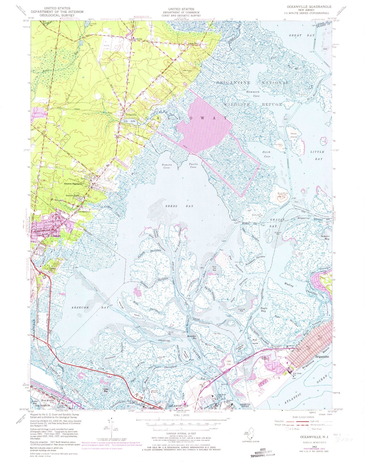 Classic USGS Oceanville New Jersey 7.5'x7.5' Topo Map Image