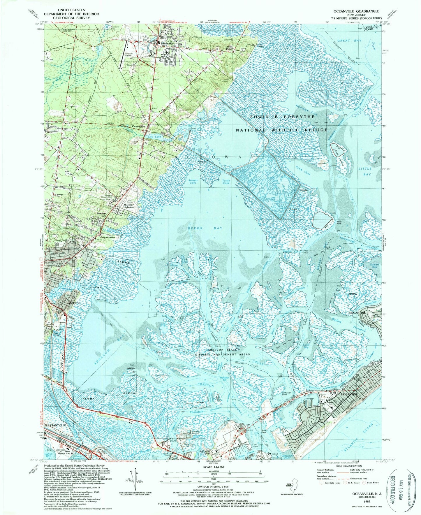 Classic USGS Oceanville New Jersey 7.5'x7.5' Topo Map Image