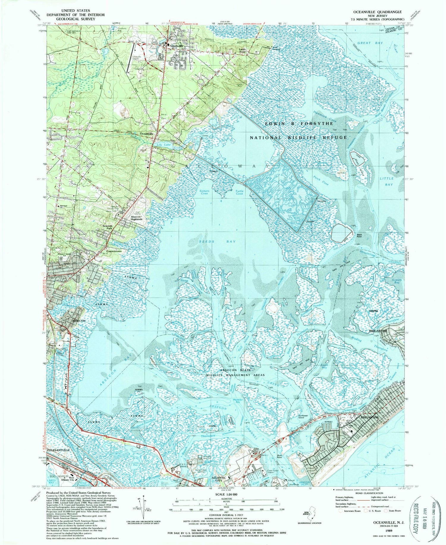 Classic USGS Oceanville New Jersey 7.5'x7.5' Topo Map Image