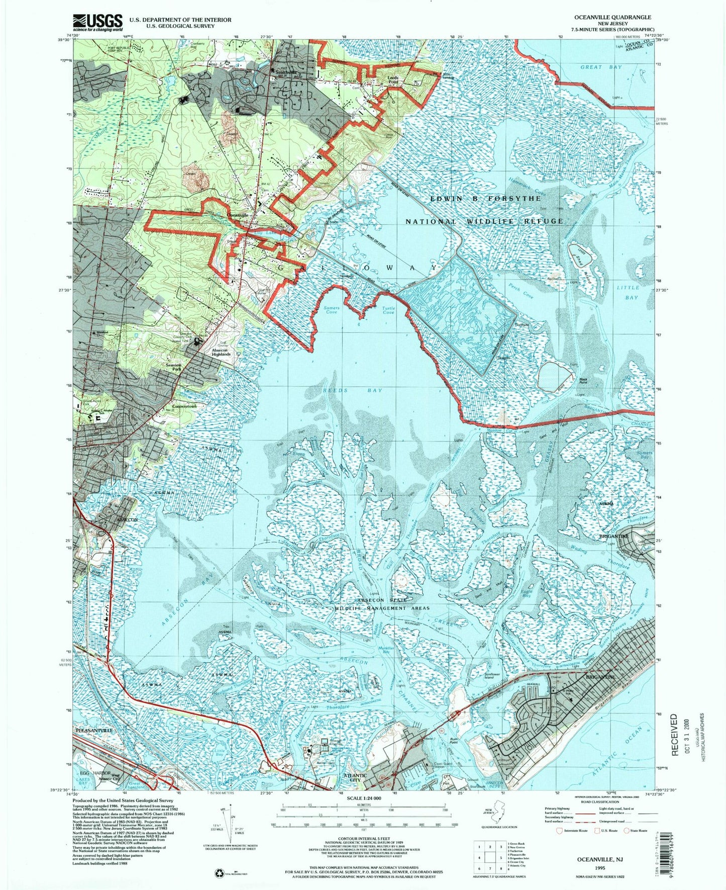 Classic USGS Oceanville New Jersey 7.5'x7.5' Topo Map Image