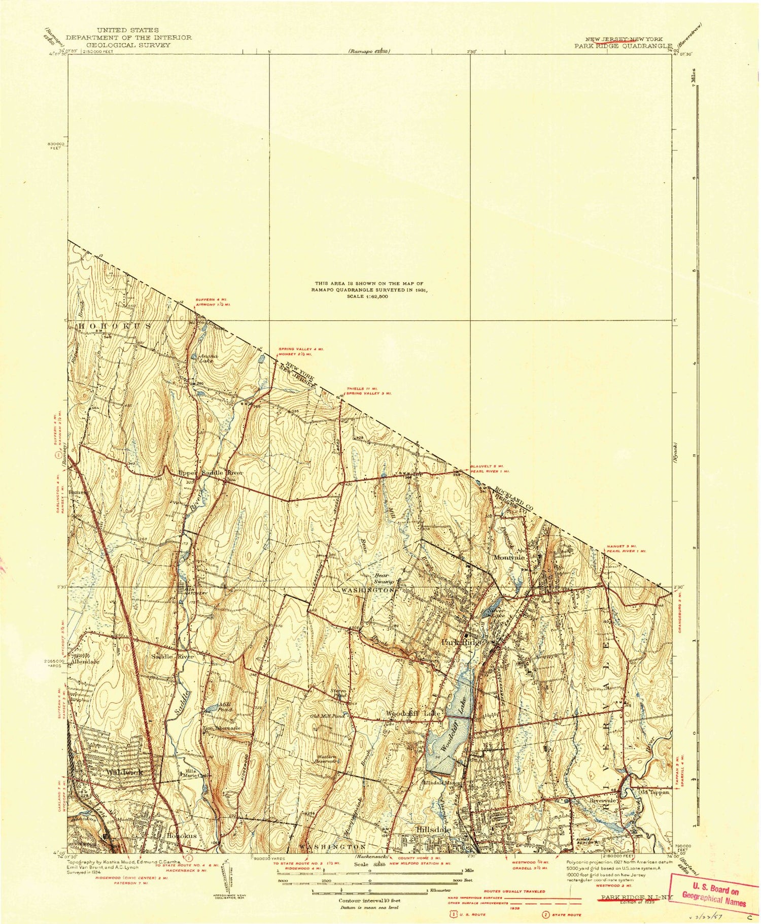 Classic USGS Park Ridge New Jersey 7.5'x7.5' Topo Map Image