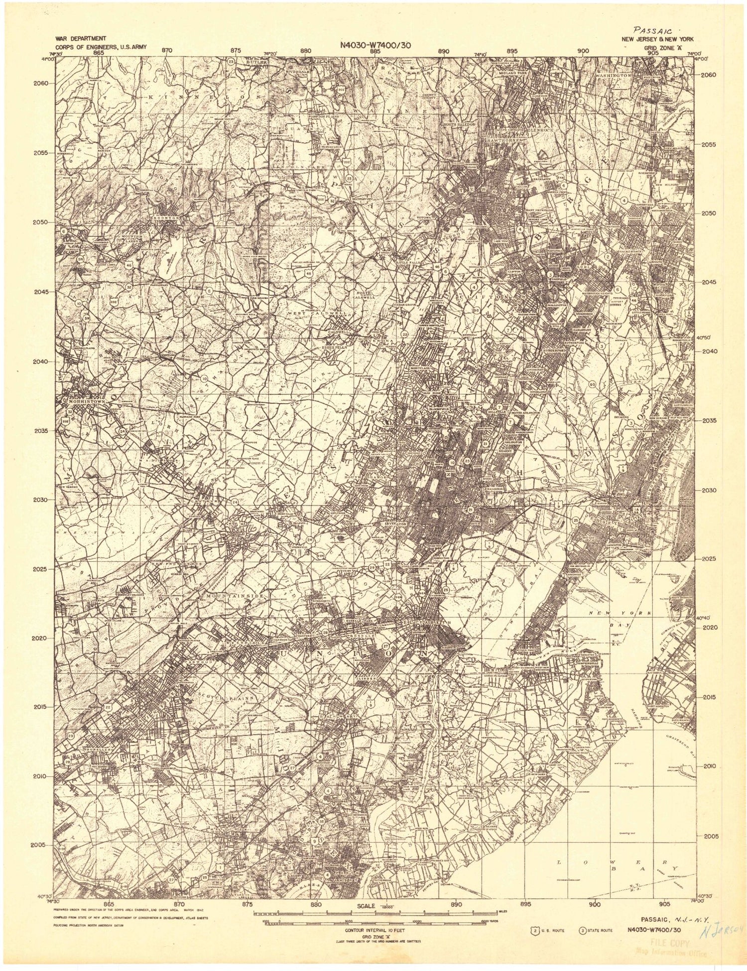 Historic 1942 Passaic New Jersey 30'x30' Topo Map Image