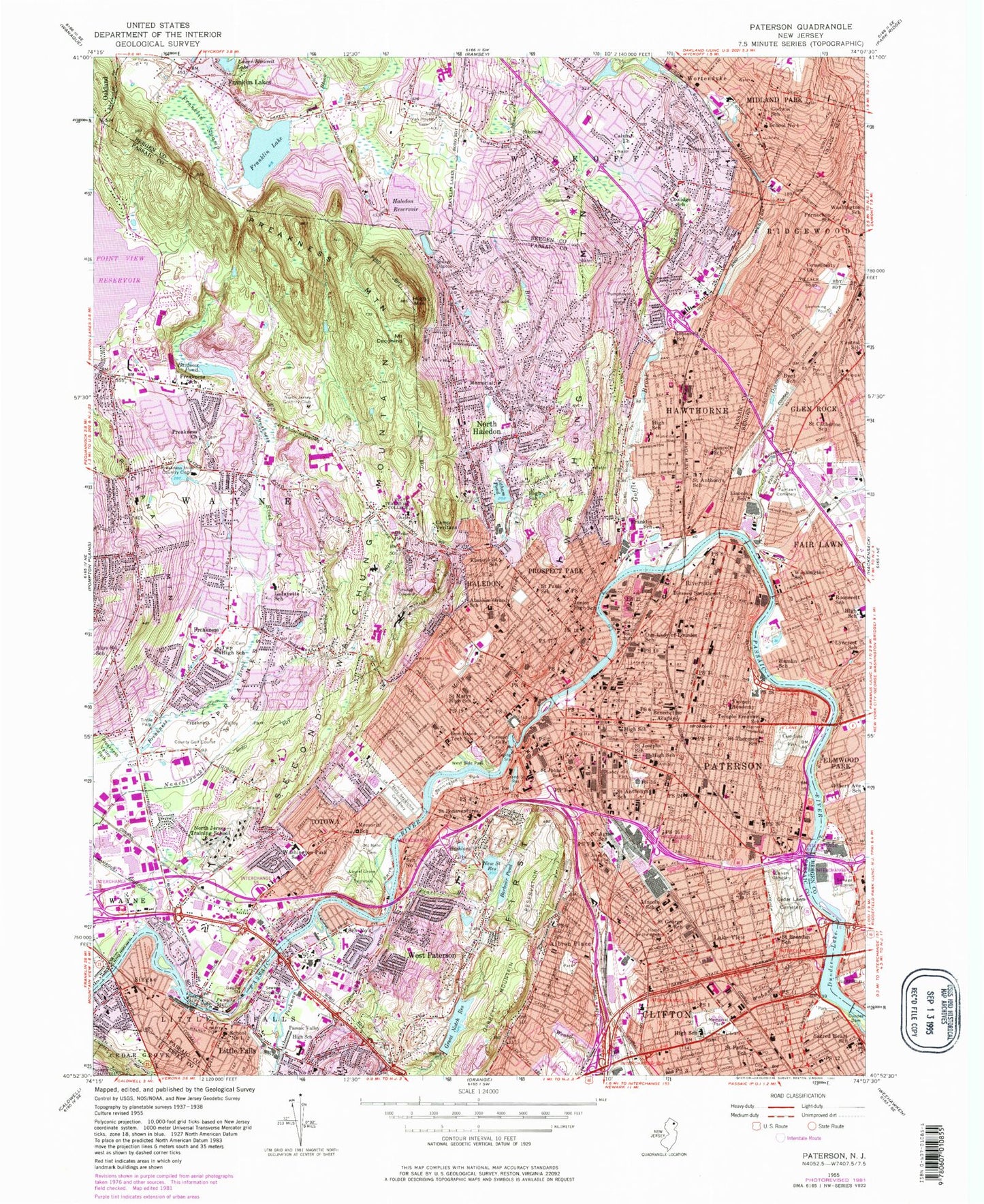 Classic USGS Paterson New Jersey 7.5'x7.5' Topo Map Image