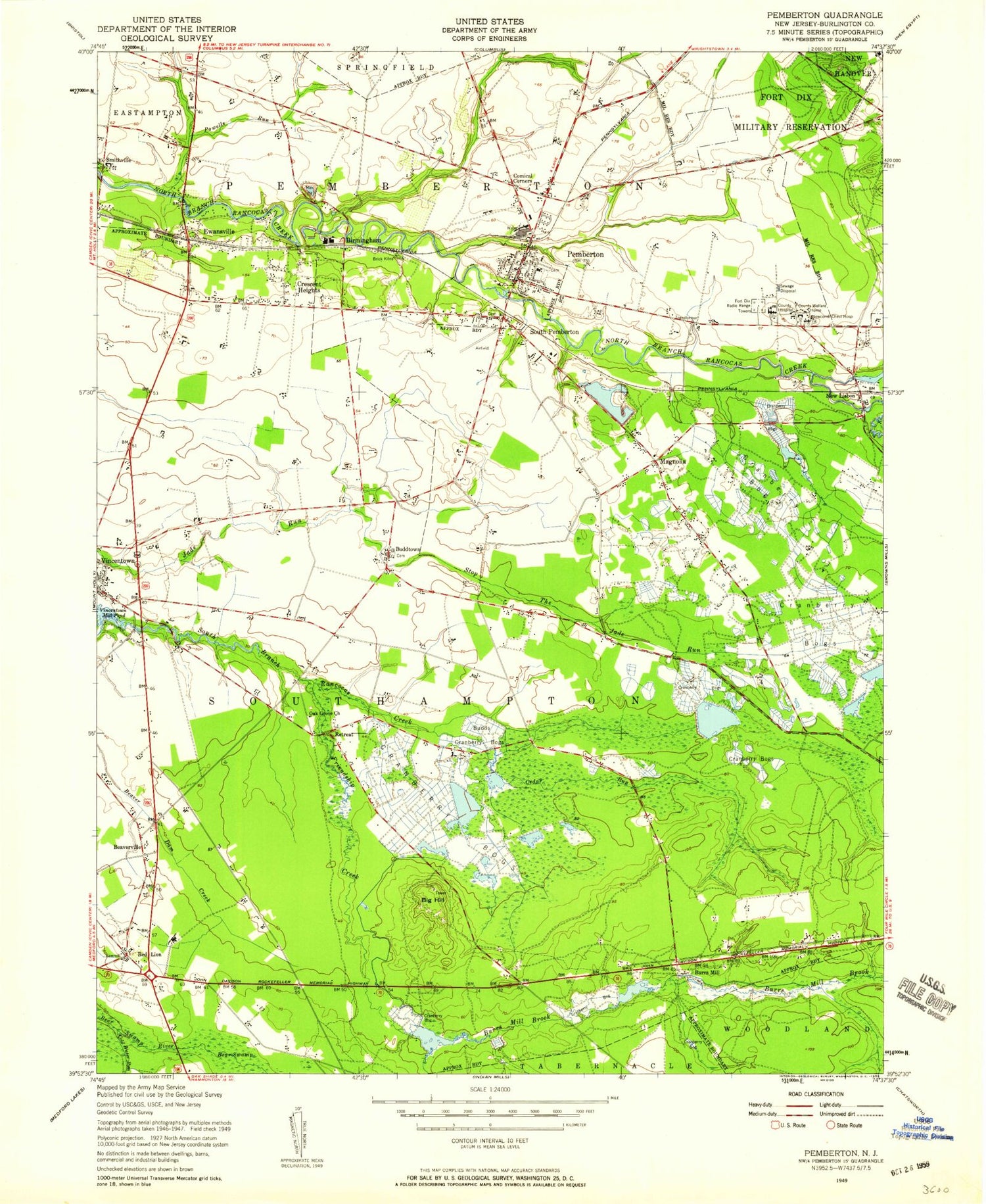 Classic USGS Pemberton New Jersey 7.5'x7.5' Topo Map Image
