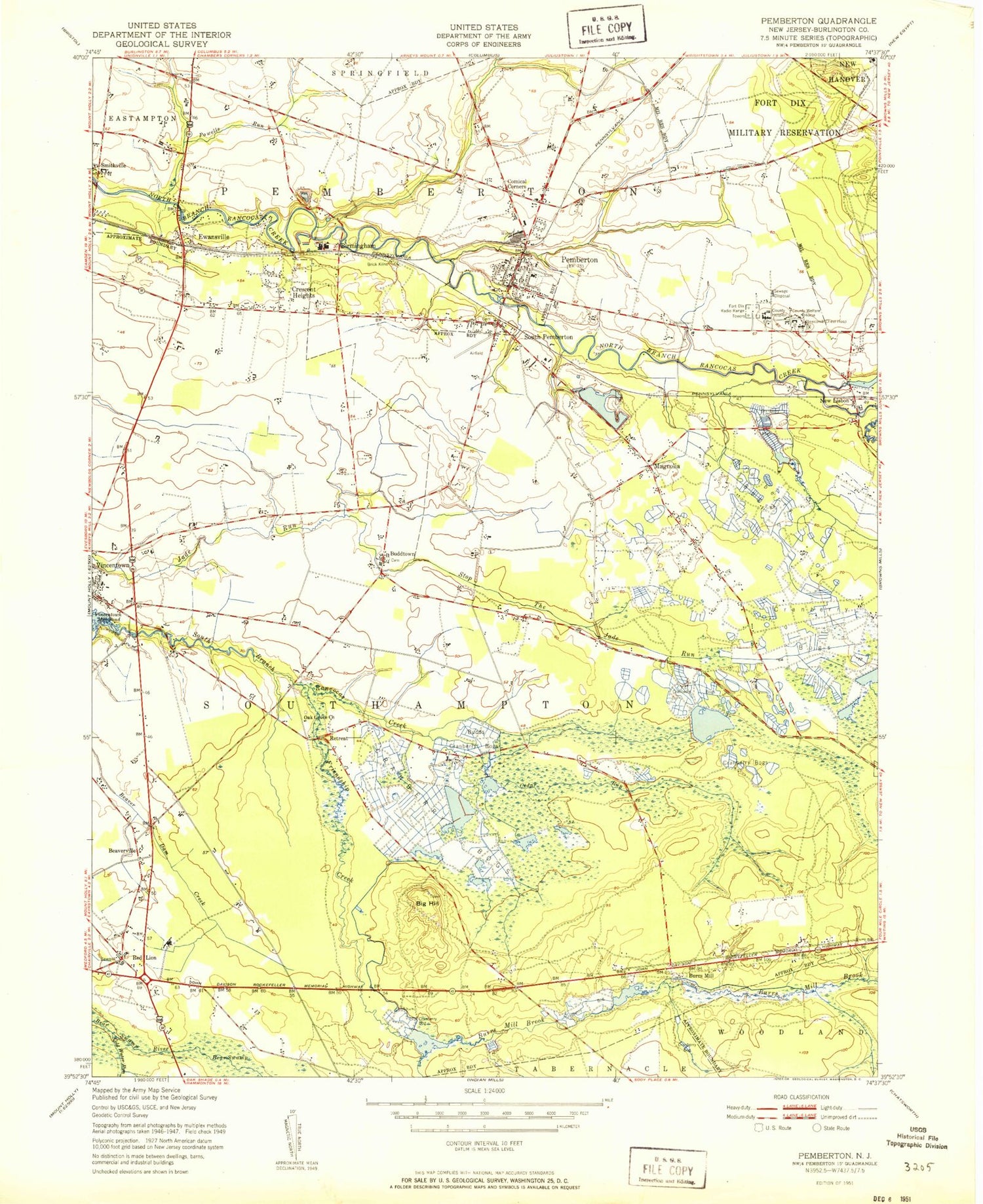 Classic USGS Pemberton New Jersey 7.5'x7.5' Topo Map Image