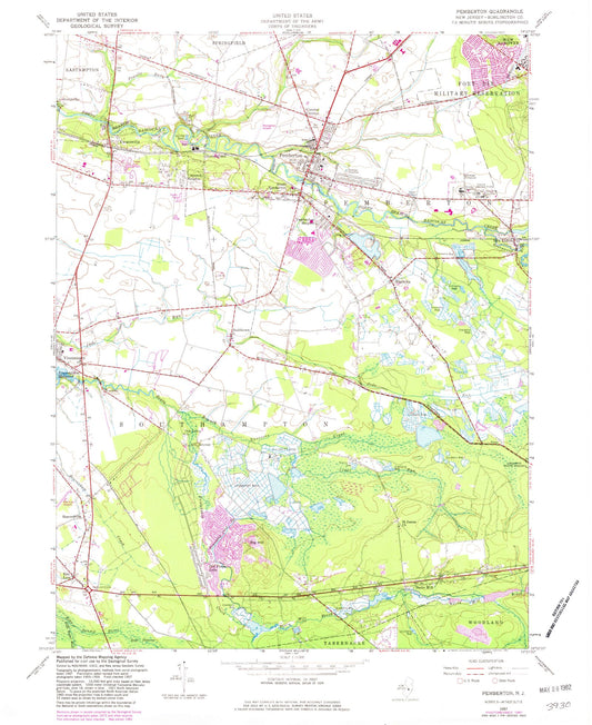 Classic USGS Pemberton New Jersey 7.5'x7.5' Topo Map Image