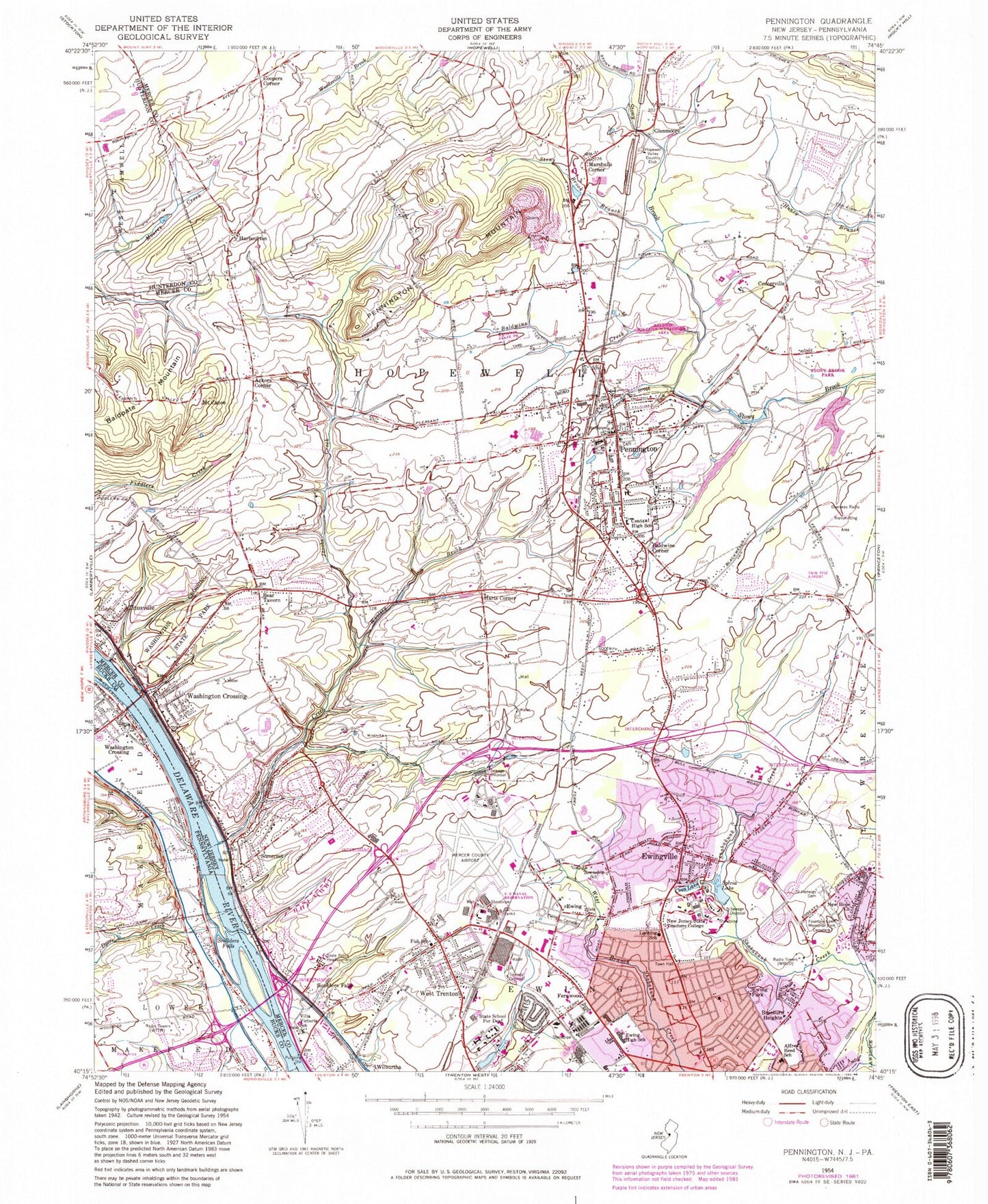 Classic USGS Pennington New Jersey 7.5'x7.5' Topo Map Image
