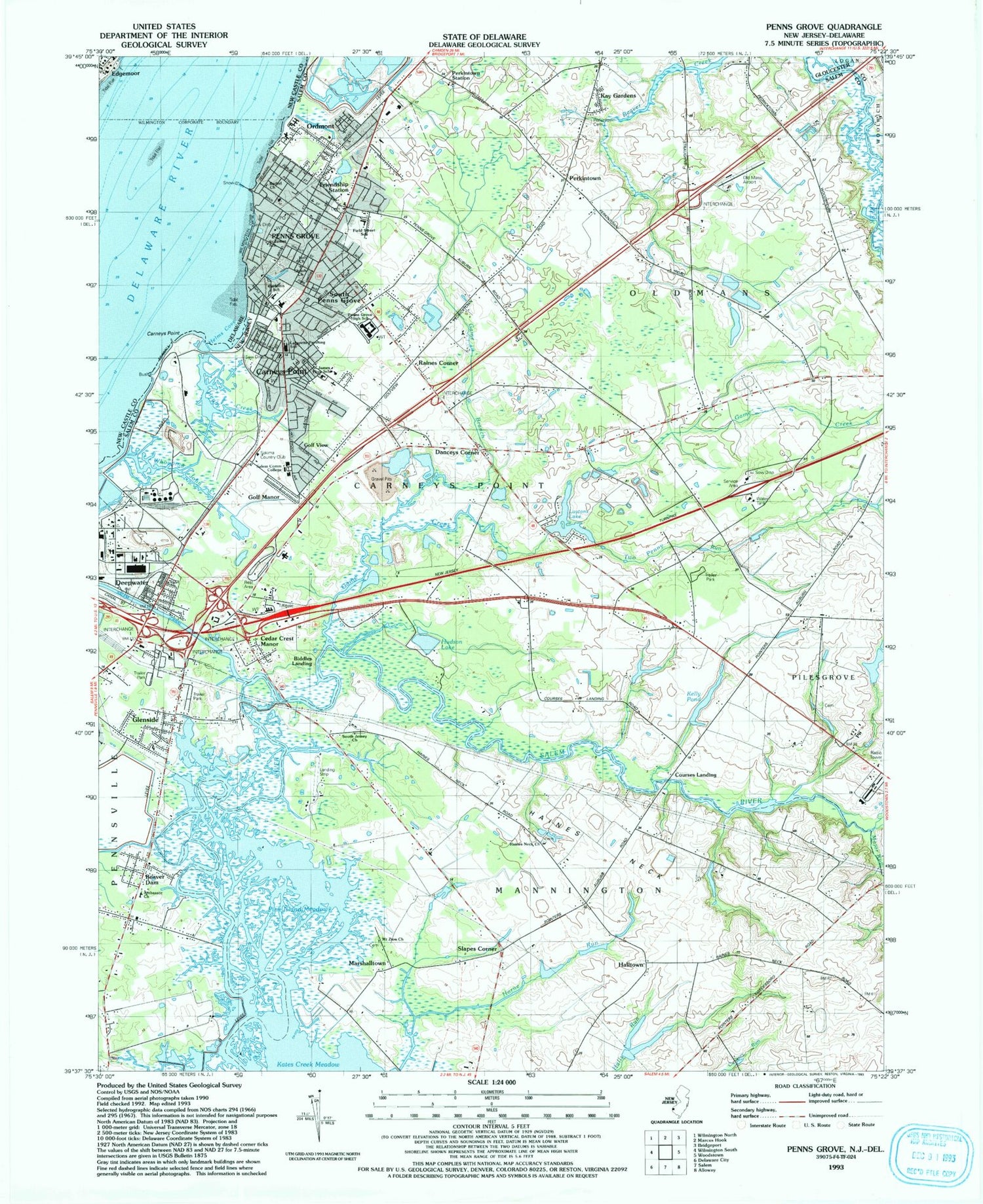 Classic USGS Penns Grove New Jersey 7.5'x7.5' Topo Map Image