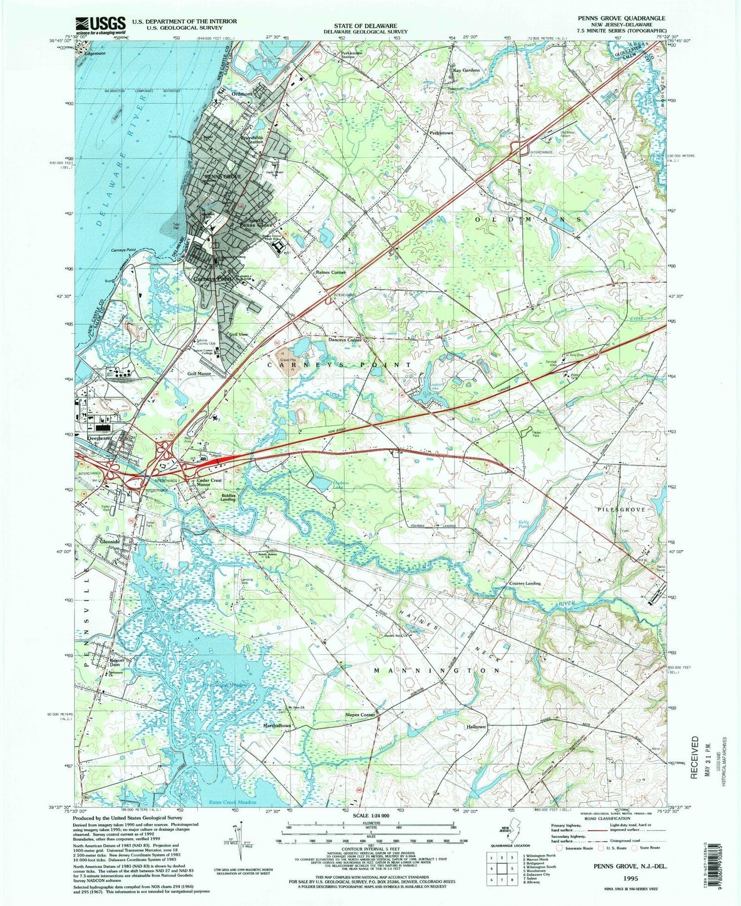 Classic USGS Penns Grove New Jersey 7.5'x7.5' Topo Map Image